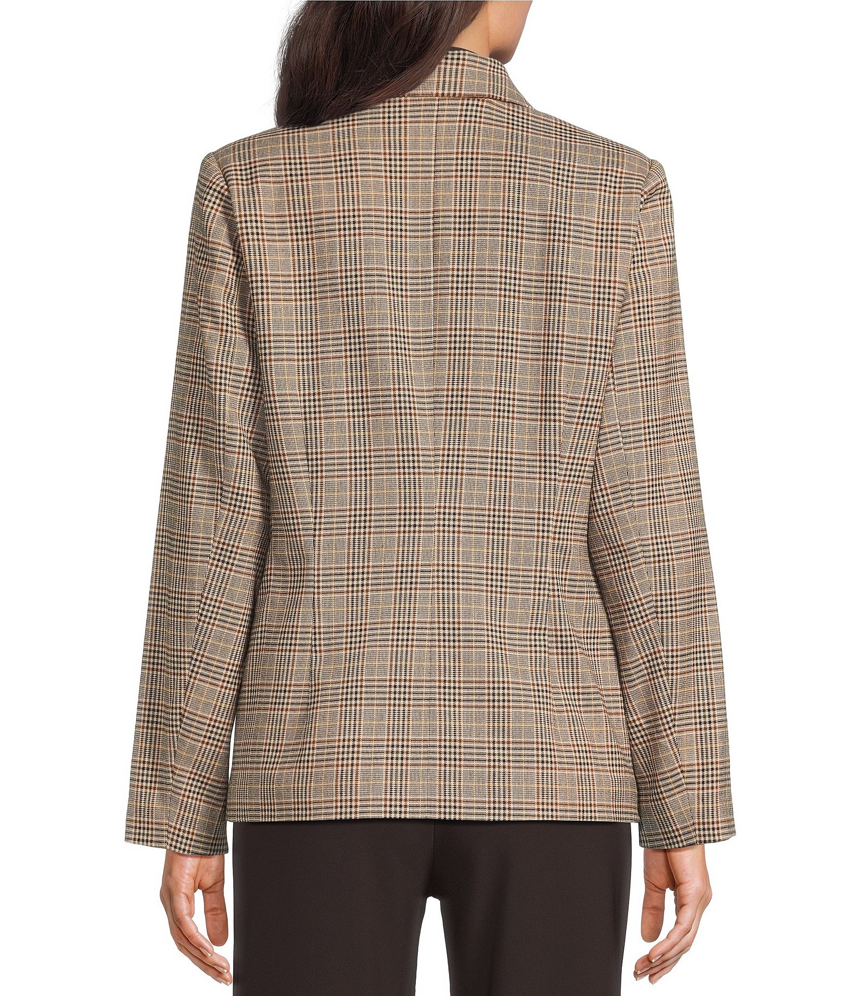 Investments Coffee Plaid Long Sleeve Button Front Blazer