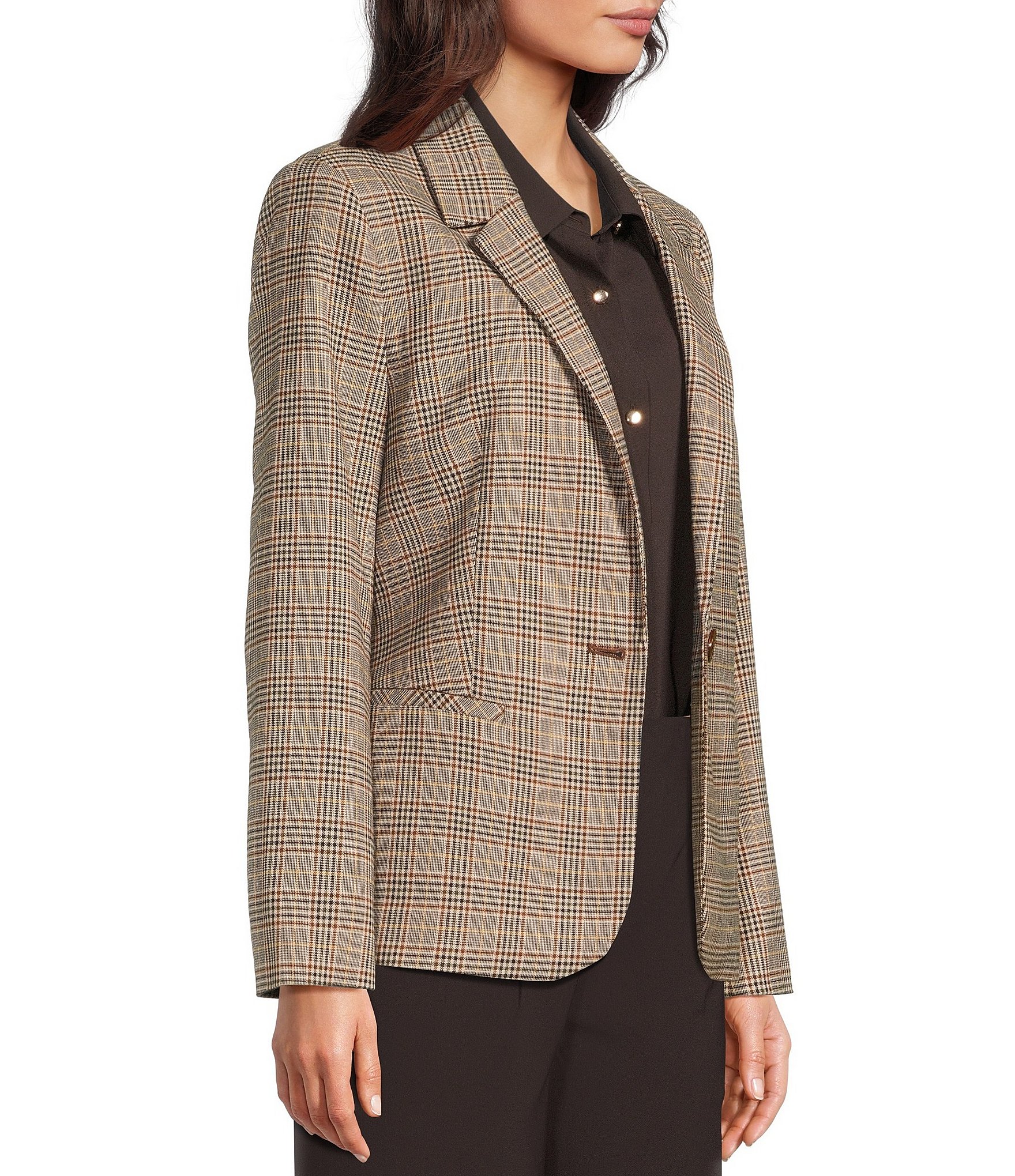 Investments Coffee Plaid Long Sleeve Button Front Blazer