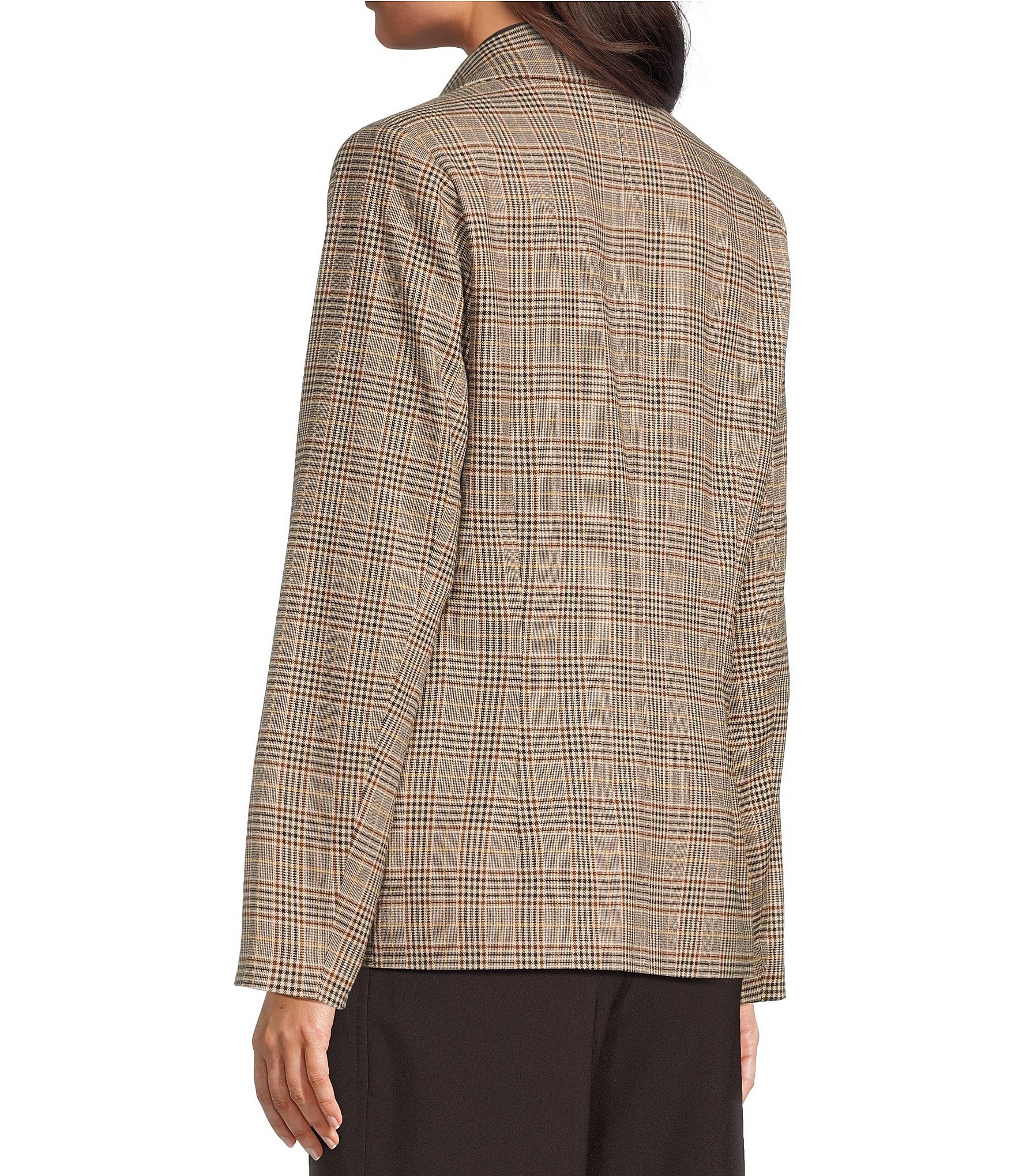 Investments Coffee Plaid Long Sleeve Button Front Blazer