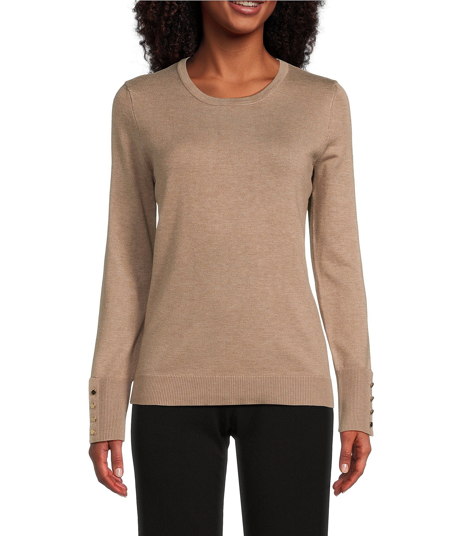 Investments Crew Neck Long Sleeve Button Cuff Sweater | Dillard's