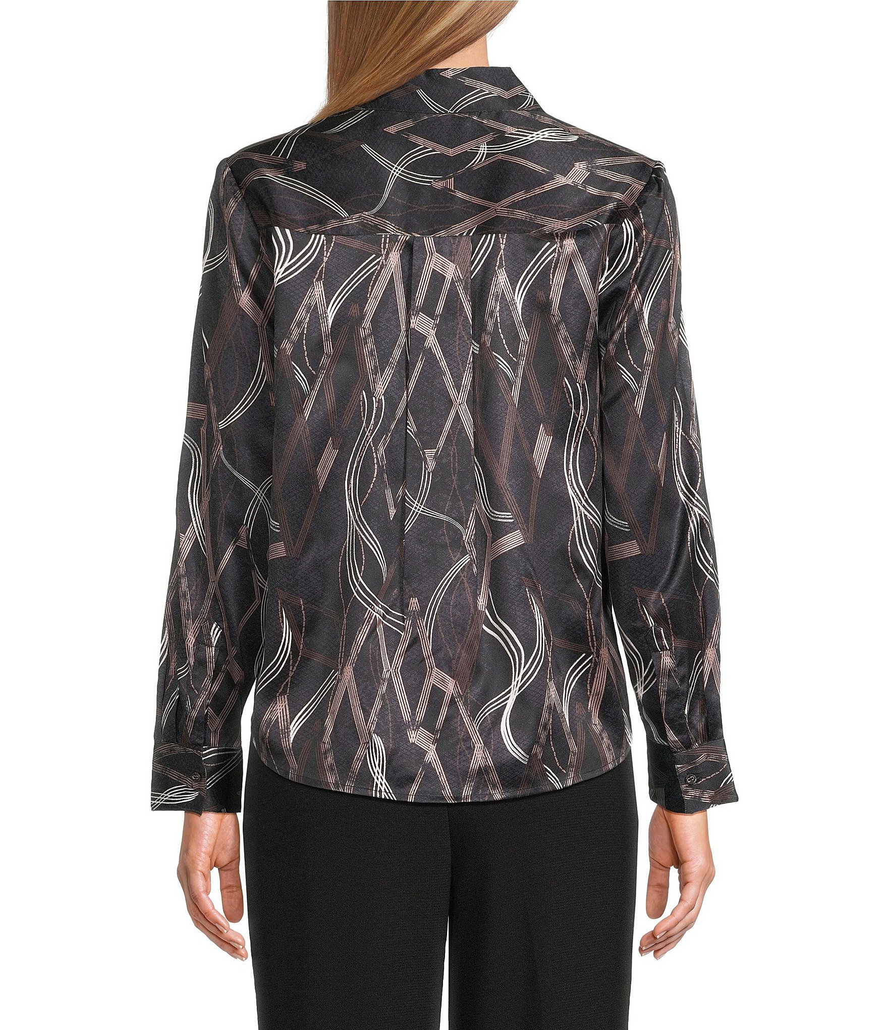 Investments Distressed Diamond Long Sleeve Point Collar Button Front Top