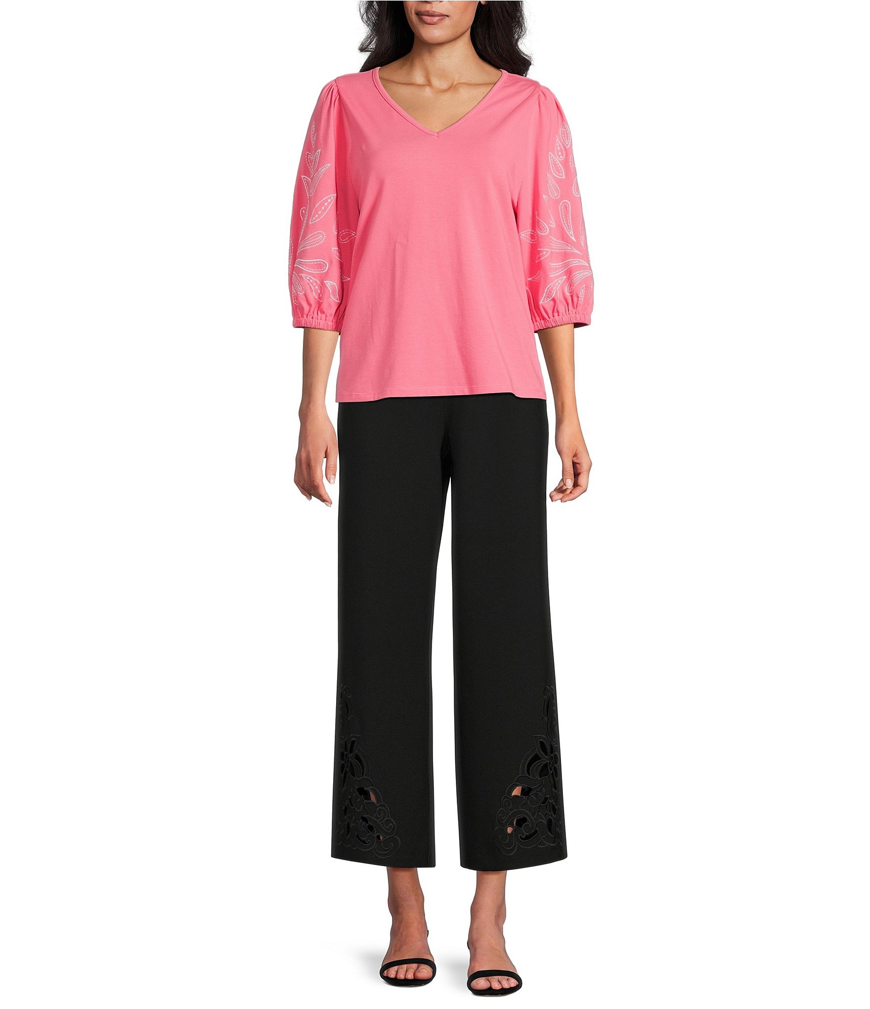 Investments Elbow Sleeve Embroidery V-Neck Knit Top