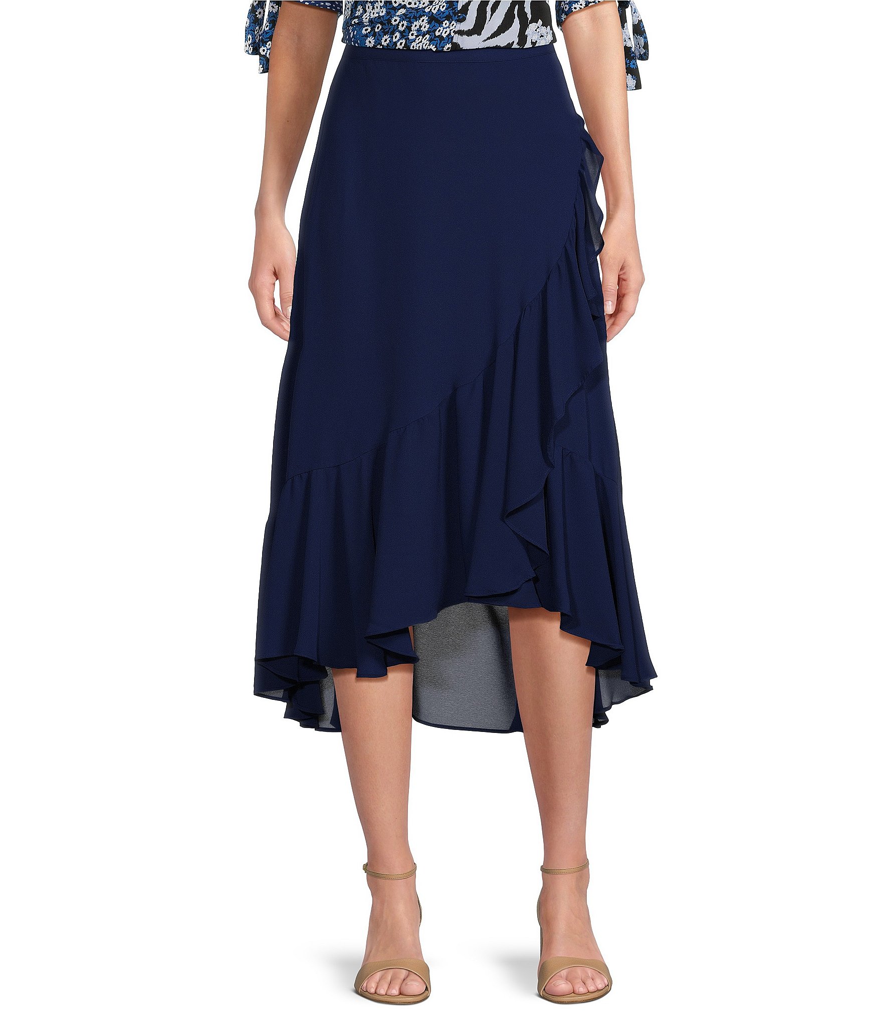 Investments High-Low Ruffled Hem Faux Wrap Midi Skirt | Dillard's