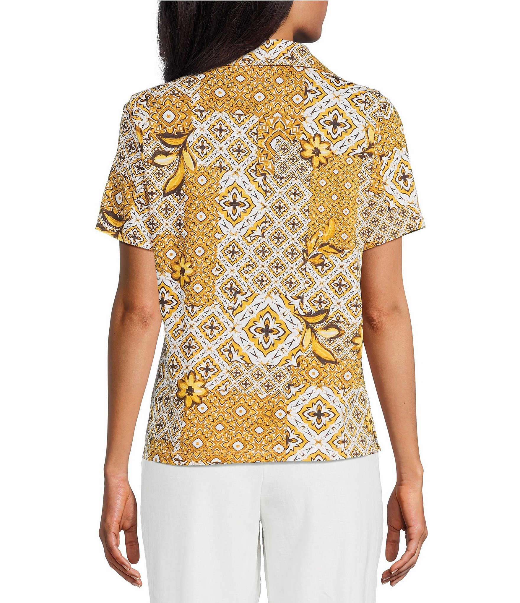 Investments Knit Mosaic Patchwork Short Sleeve Button Front Notch Collar Camp Top