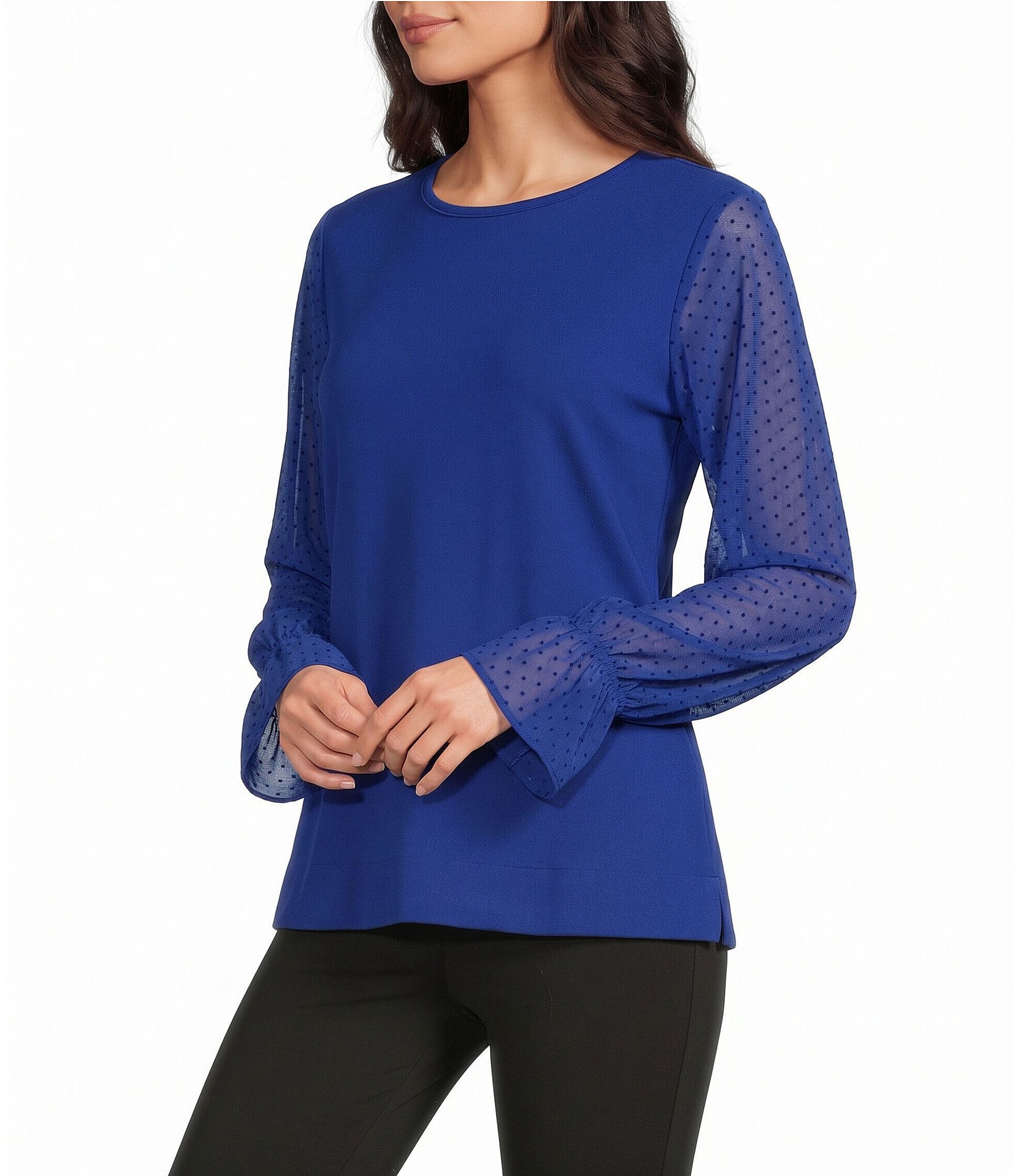 Investments Long Mesh Dot Sleeve Crew Neck Ponte Top