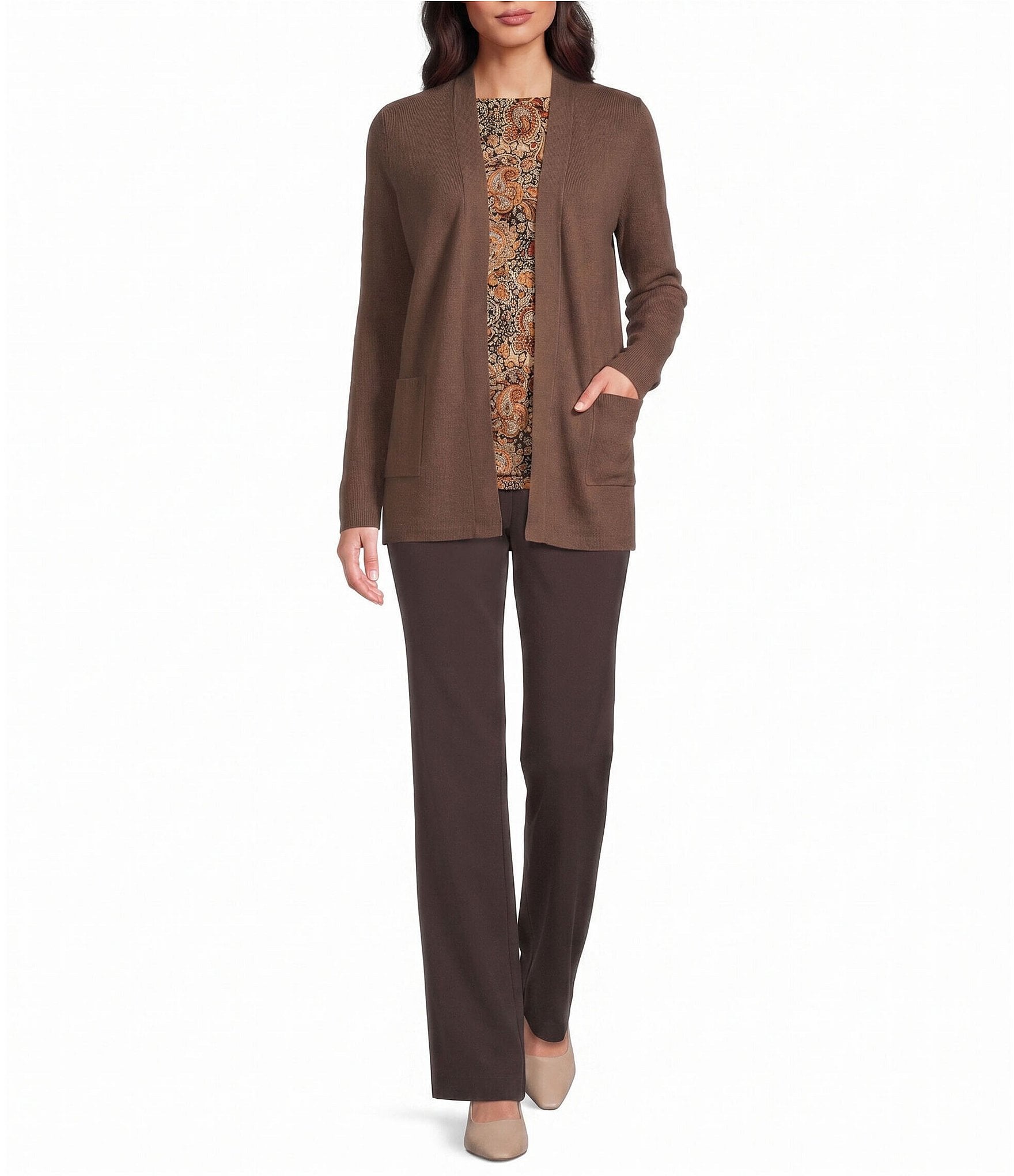 Investments Long Sleeve Open Front Patch Pocket Cardigan