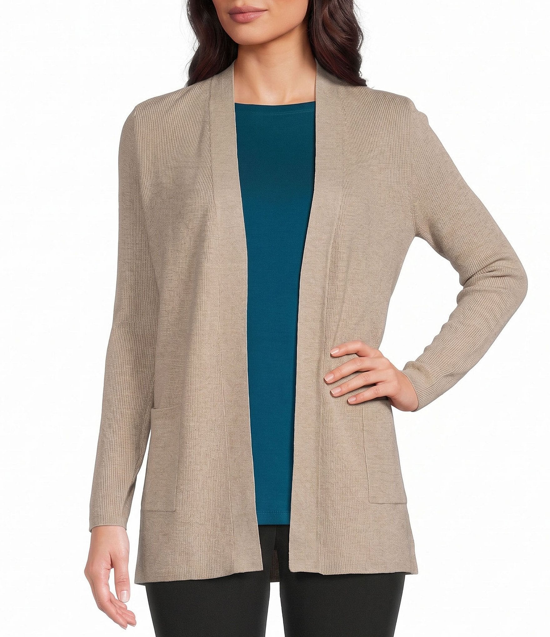 Investments Long Sleeve Open Front Patch Pocket Heather Cardigan