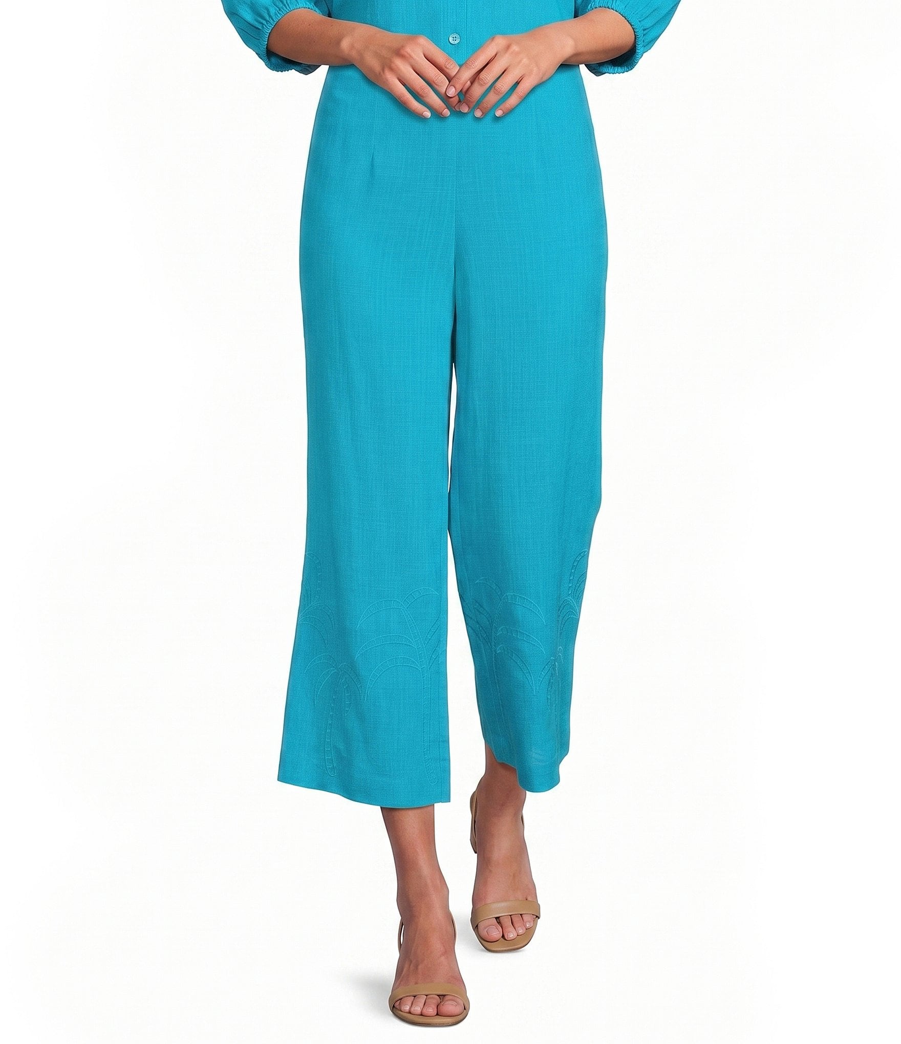Investments Palm Tree Embroidery Pull-On Wide Leg Crop Coordinating Pants