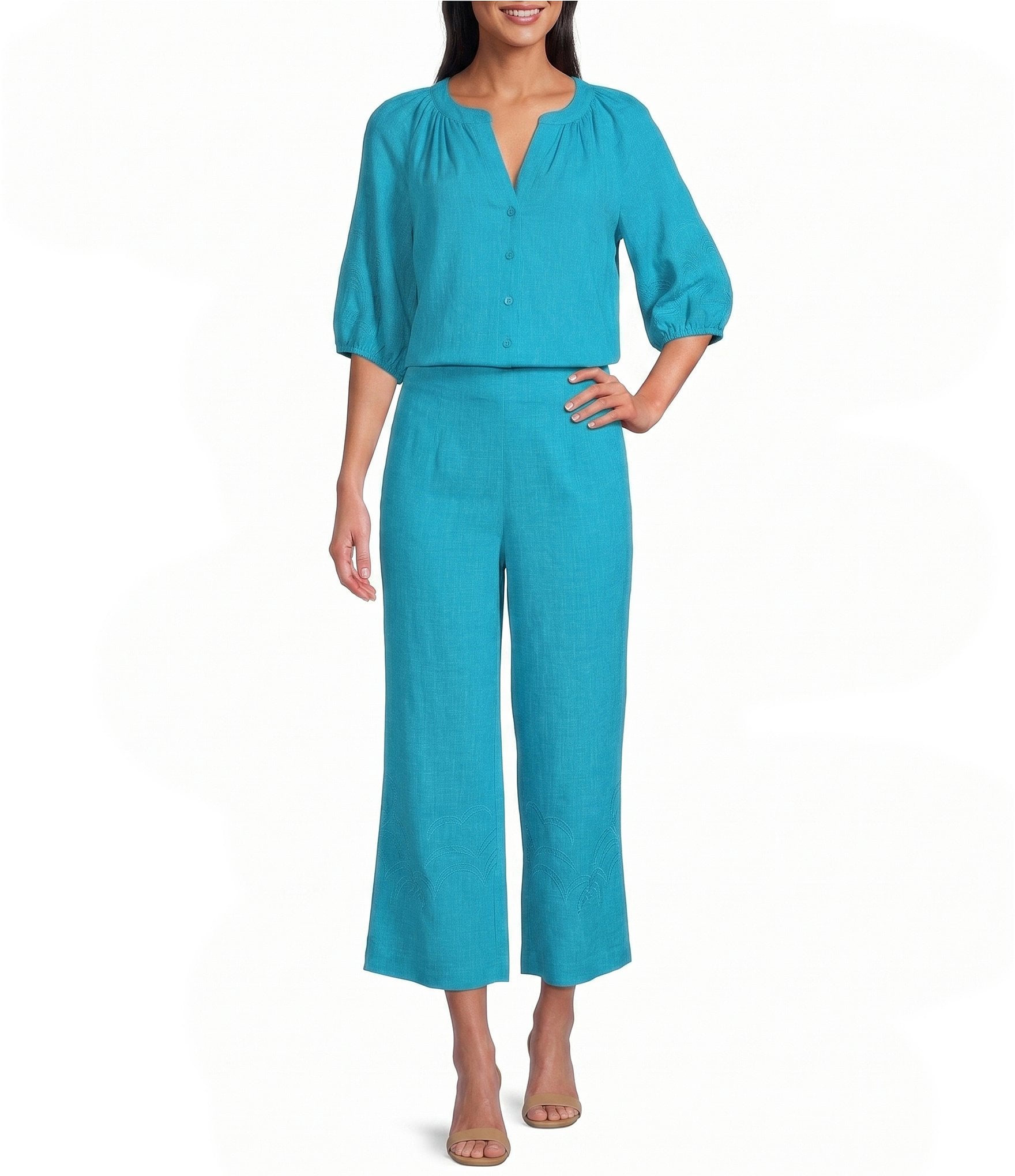 Investments Palm Tree Embroidery Pull-On Wide Leg Crop Coordinating Pants