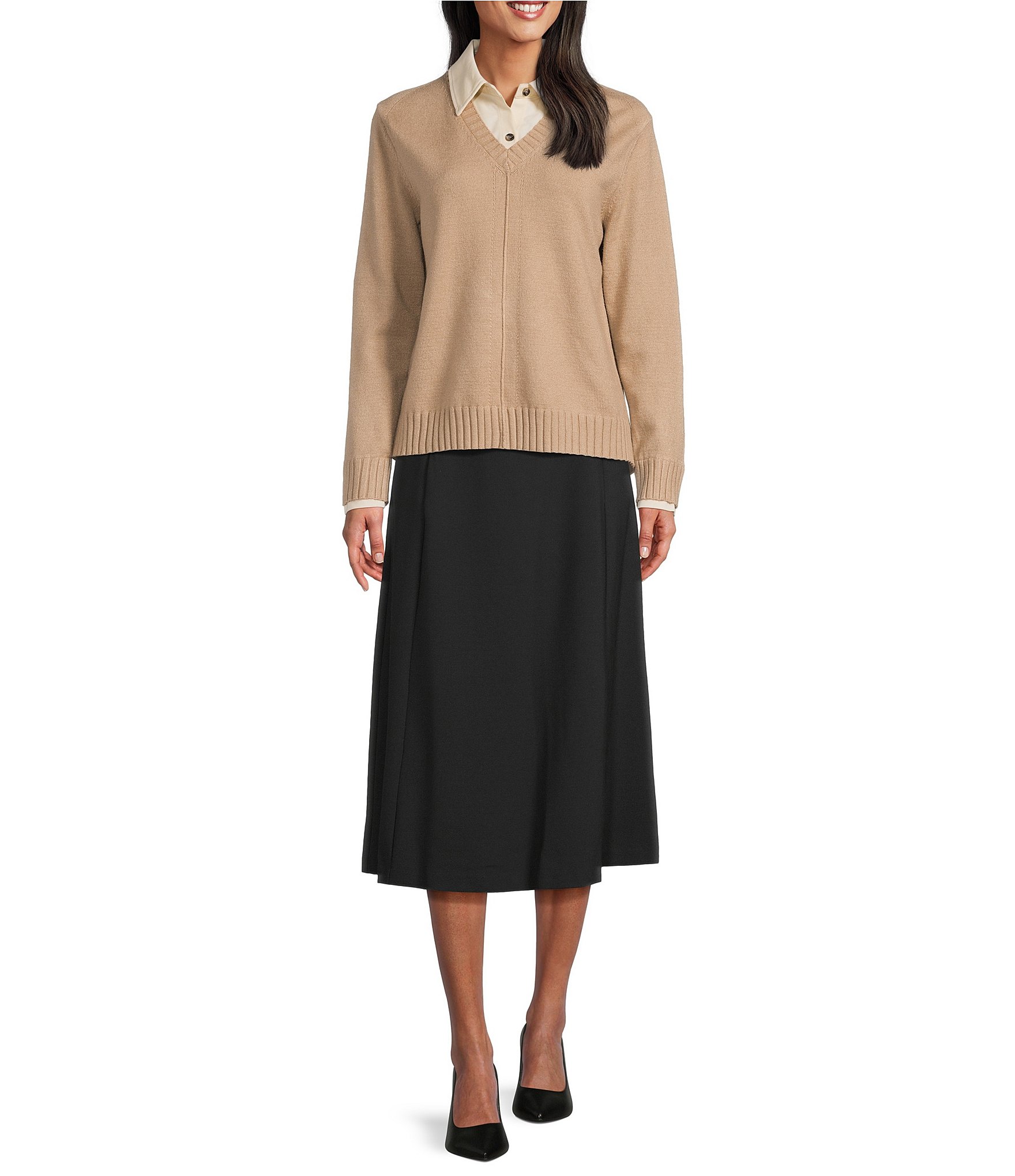 Investments Petite Black Pull-On Midi Skirt