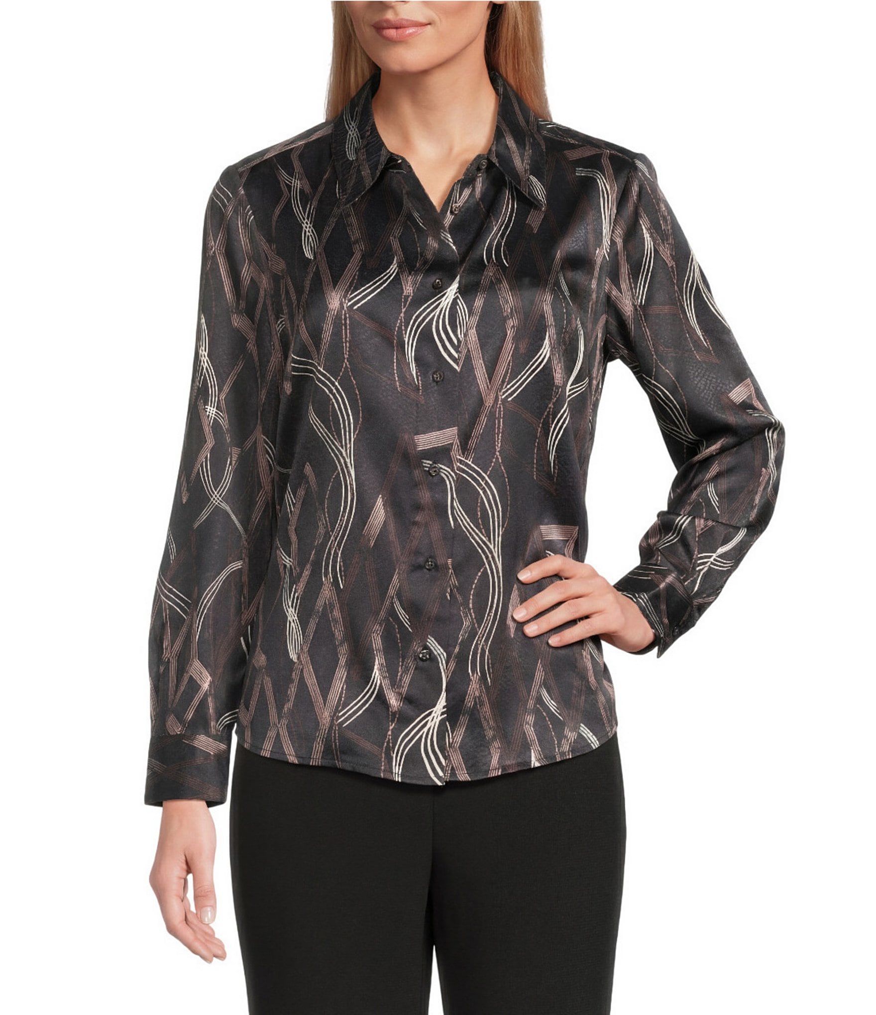 Investments Petite Size Distressed Diamond Long Sleeve Point Collar Button Front Top