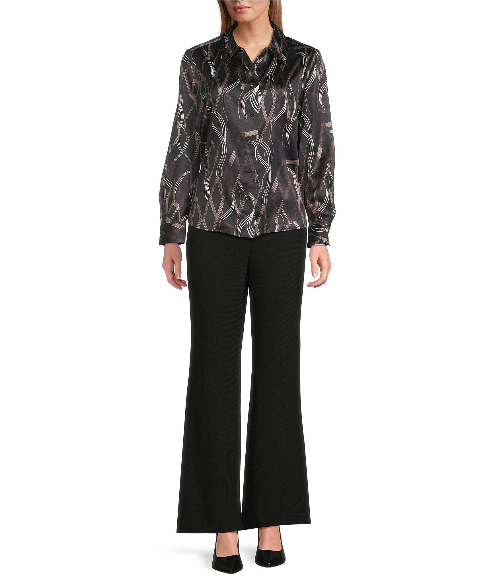 Investments Petite Size Distressed Diamond Long Sleeve Point Collar Button Front Top