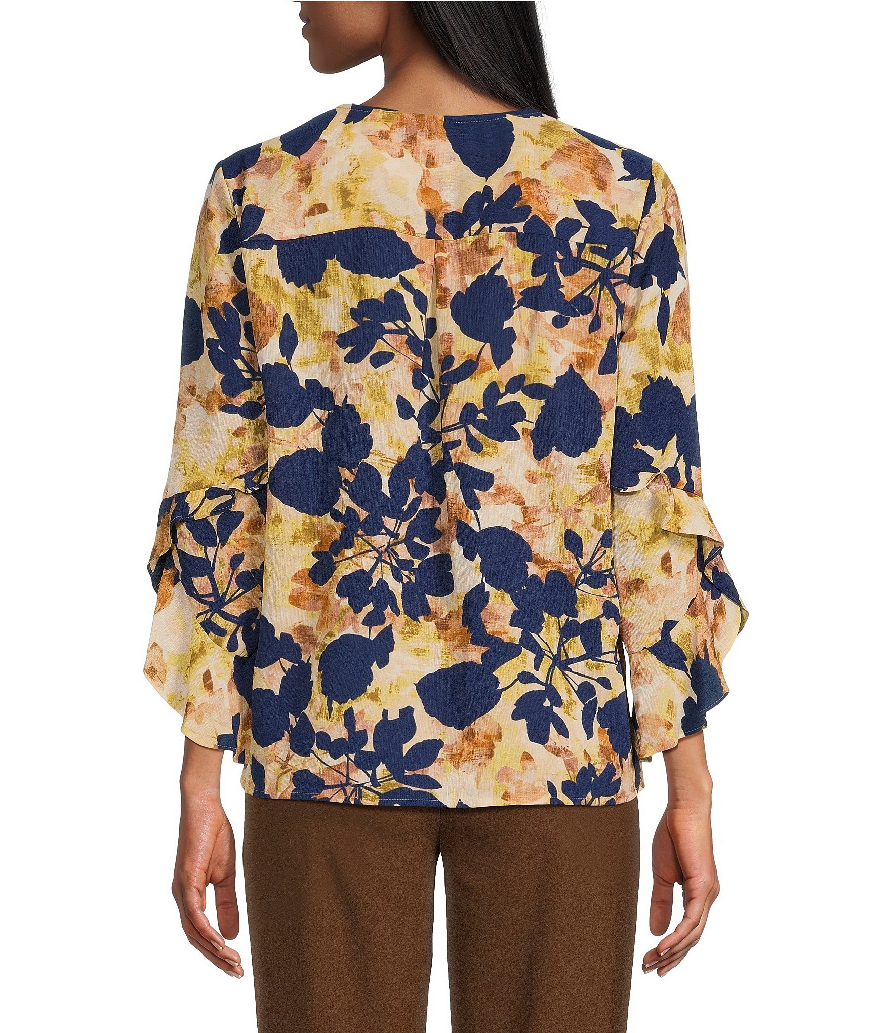 Investments Petite Size Abstract Floral Shadow Print Woven Faux Button Front V-Neck 3/4 Flare Ruffle Sleeve Top