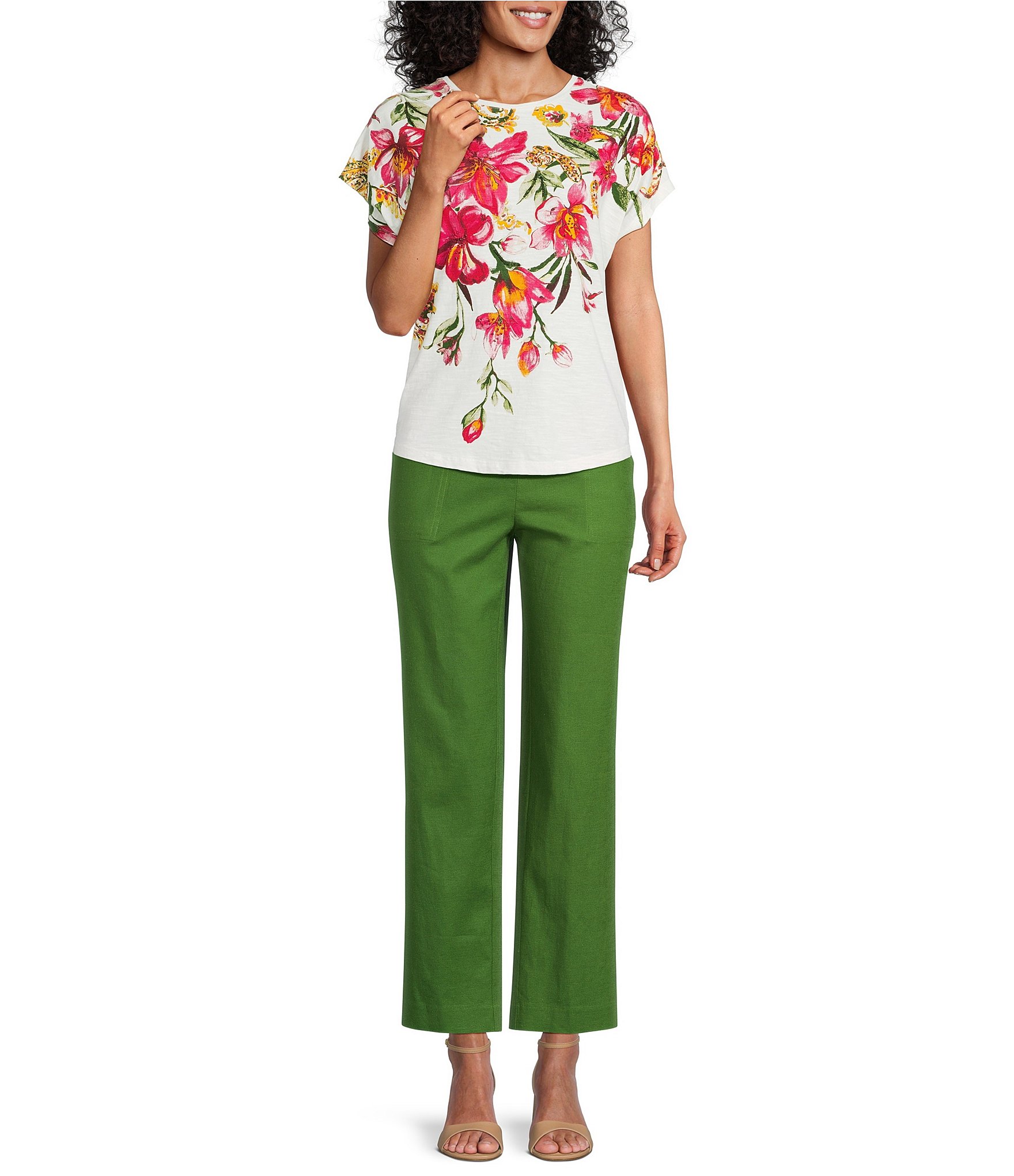 Investments Petite Size Hanging Floral Short Sleeve Embellished Novelty Crew Neck Top