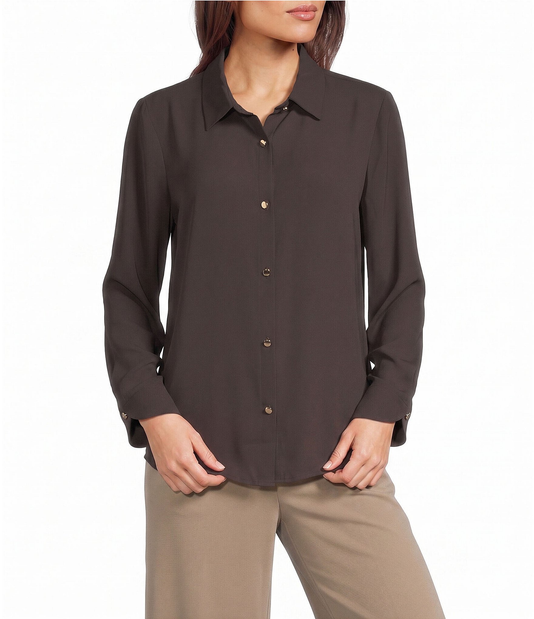 Investments Petite Size Long Flounce Sleeve Point Collar Neck Top
