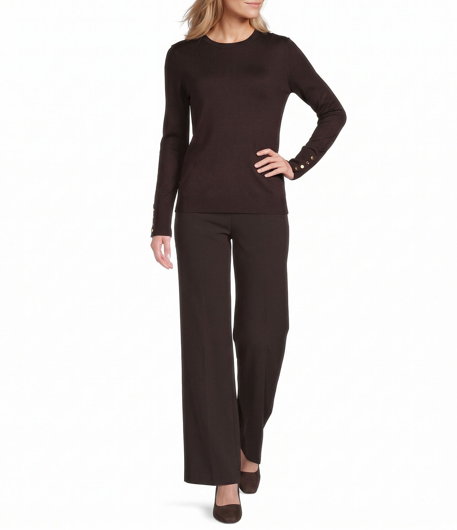Investments Petite Size Long Sleeve Button Cuff Crew Neck Sweater