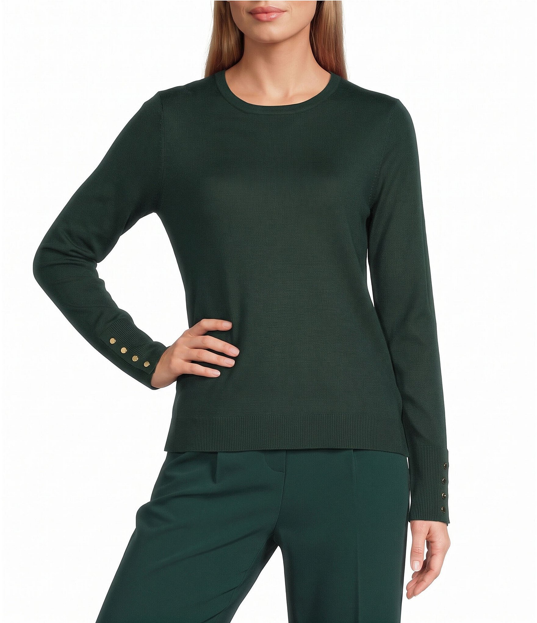 Investments Petite Size Long Sleeve Button Cuff Crew Neck Sweater
