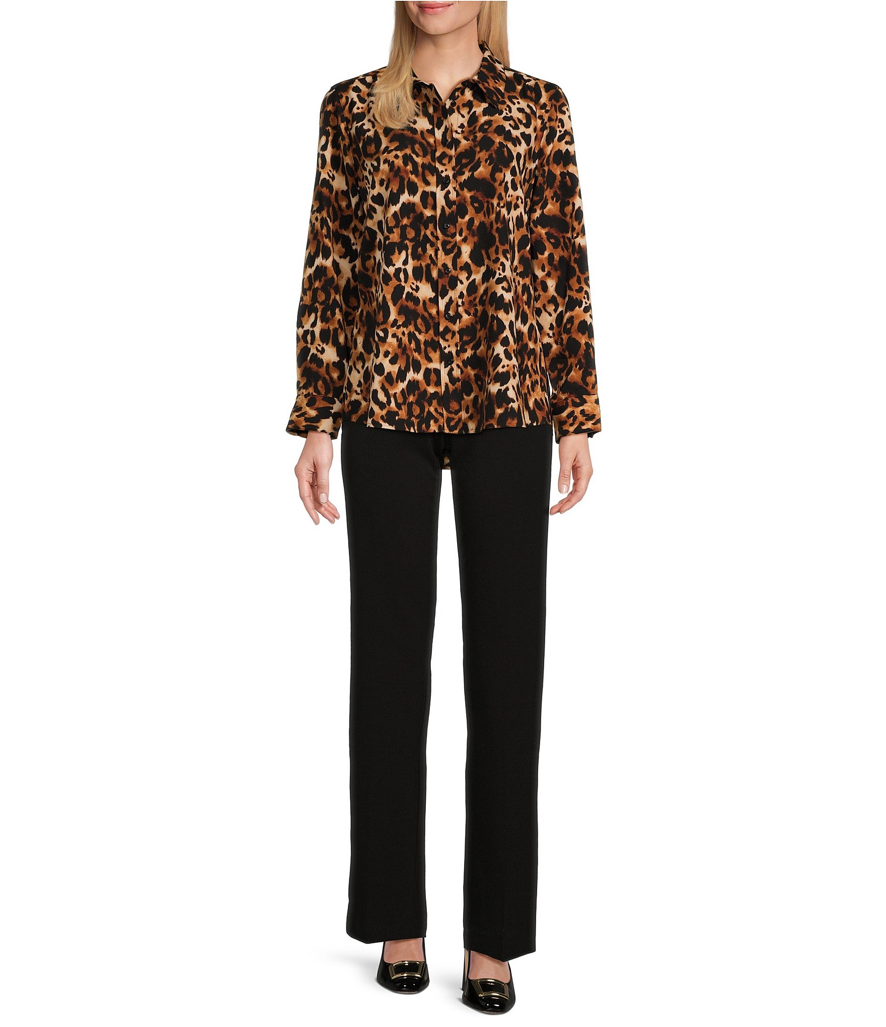 Investments Petite Size Lovely Leopard Print Woven Long Sleeve Button Front Point Collar Top