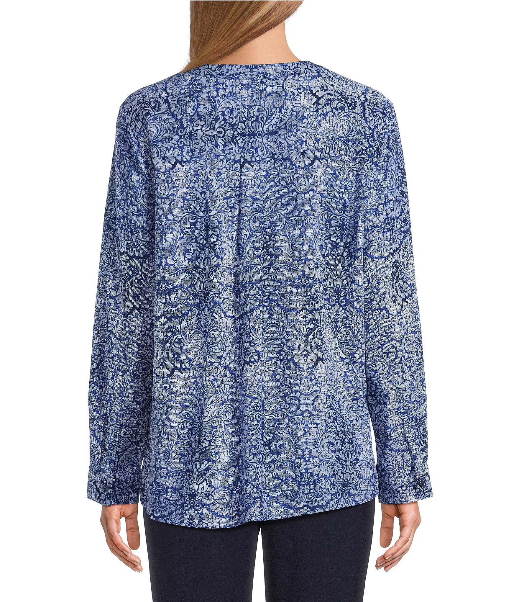 Investments Petite Size Nora Mazarine Scroll Print Long Sleeve Y-Neck Drapey Twill Blouse