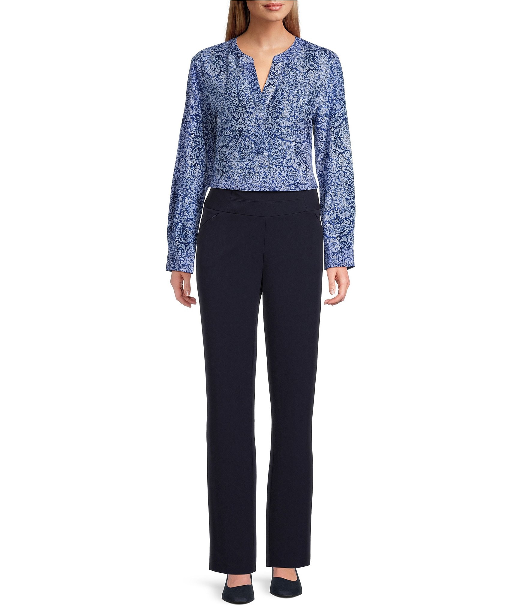 Investments Petite Size Nora Mazarine Scroll Print Long Sleeve Y-Neck Drapey Twill Blouse