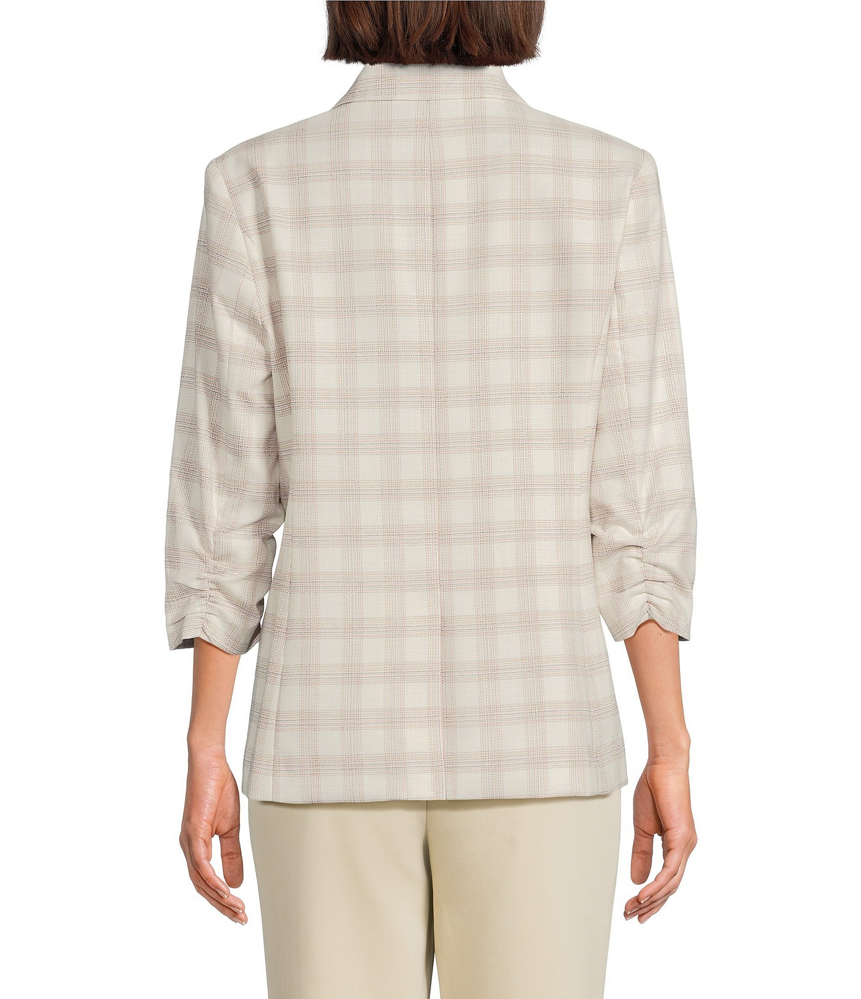 Investments Petite Size Plaid 3/4 Ruched Sleeve Notch Lapel Lined Button Front Blazer