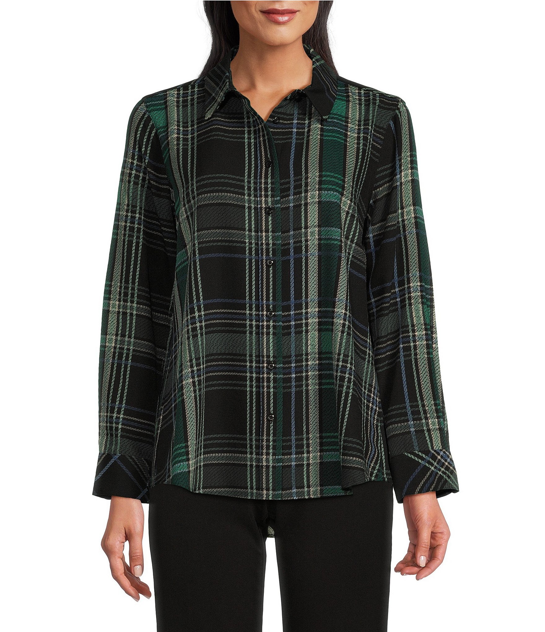 Investments Petite Size Plaid Stitch Print Woven Long Sleeve Button Front Point Collar Top