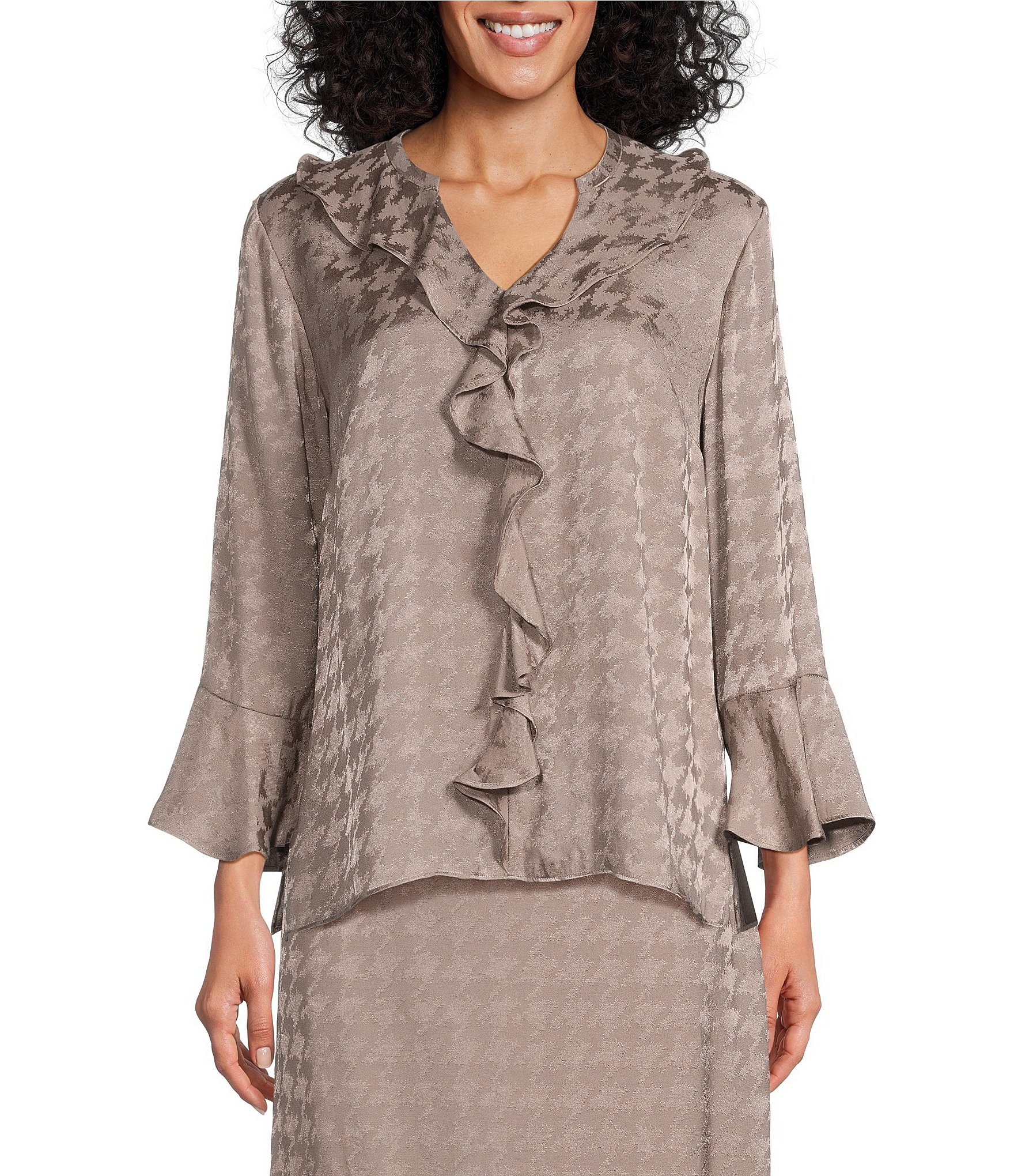 Investments Petite Size Riley Woven Cascading Ruffle Y-Neck Long Sleeve Top