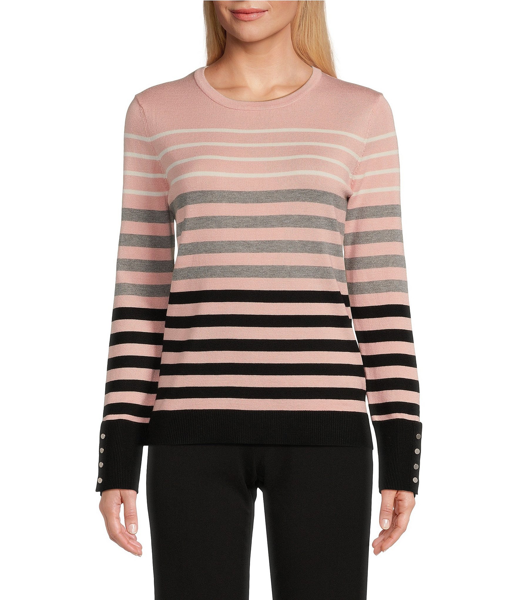 Investments Petite Size Stripe Crew Neck Long Sleeve Button Cuff ...