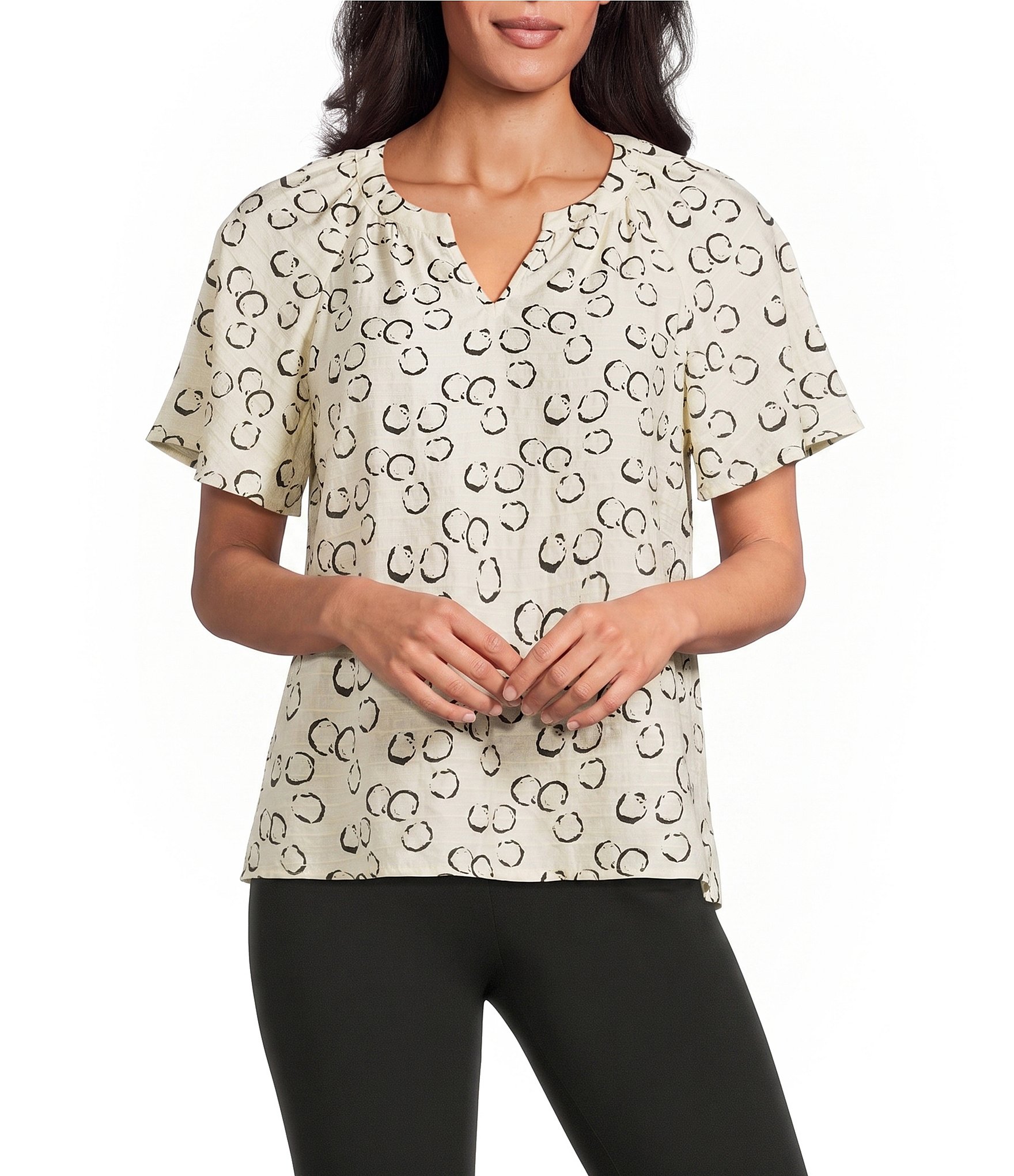 Investments Petite Size Watermark Dot Print Short Ruffle Sleeve Split-V Neck Blouse