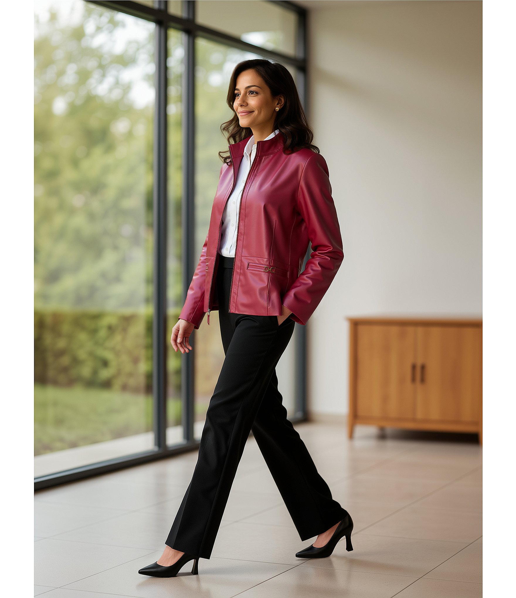 Investments Petite Size White Woven Long Sleeve Point Collar Button Front Top