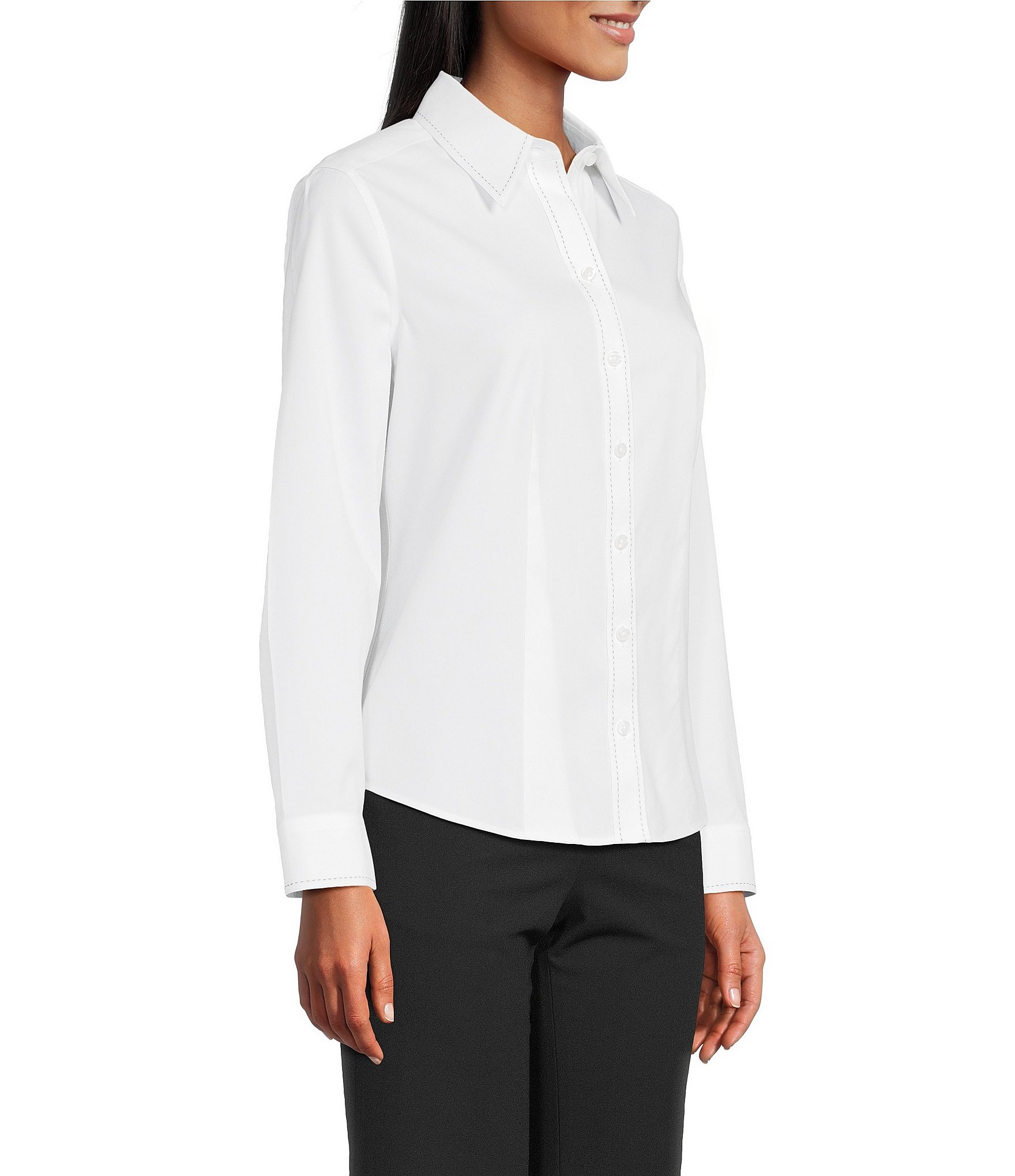 Investments Petite Size White Woven Long Sleeve Point Collar Button Front Top