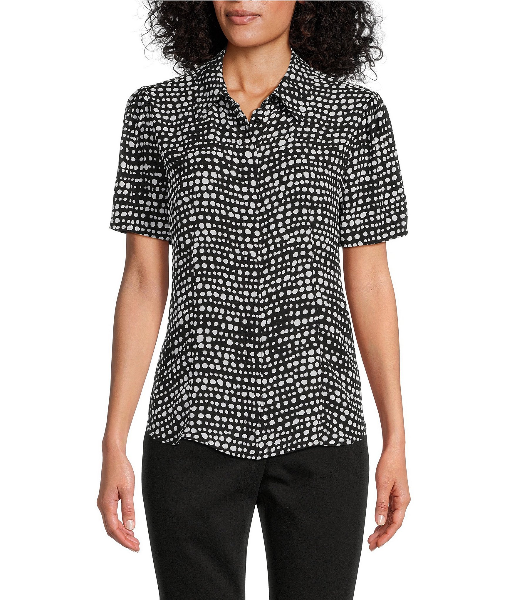 Investments Petite Size Woven Sporadic Spots Short Sleeve Point Collar ...