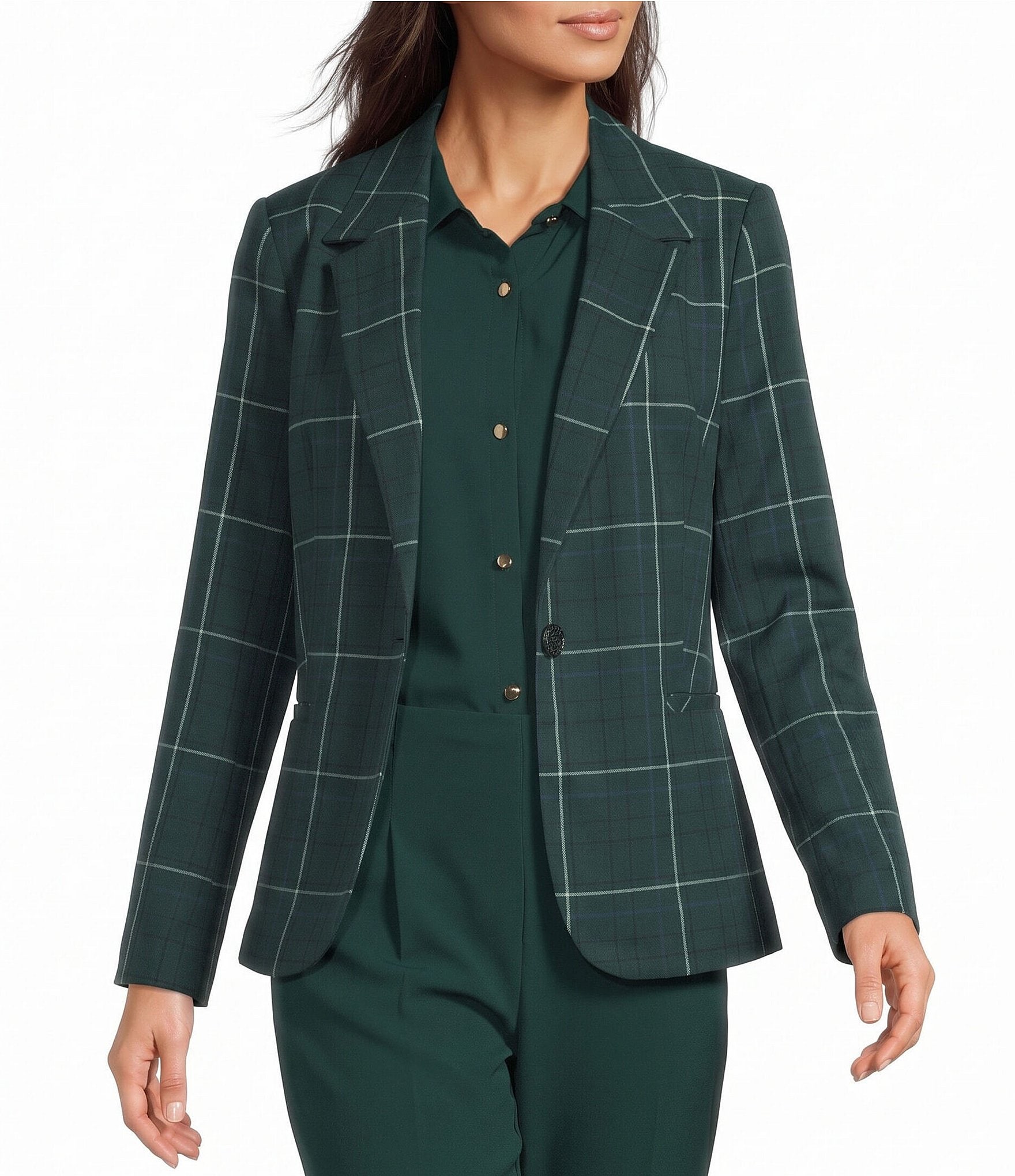 Investments Pine Grove Plaid Long Sleeve Button Front Blazer