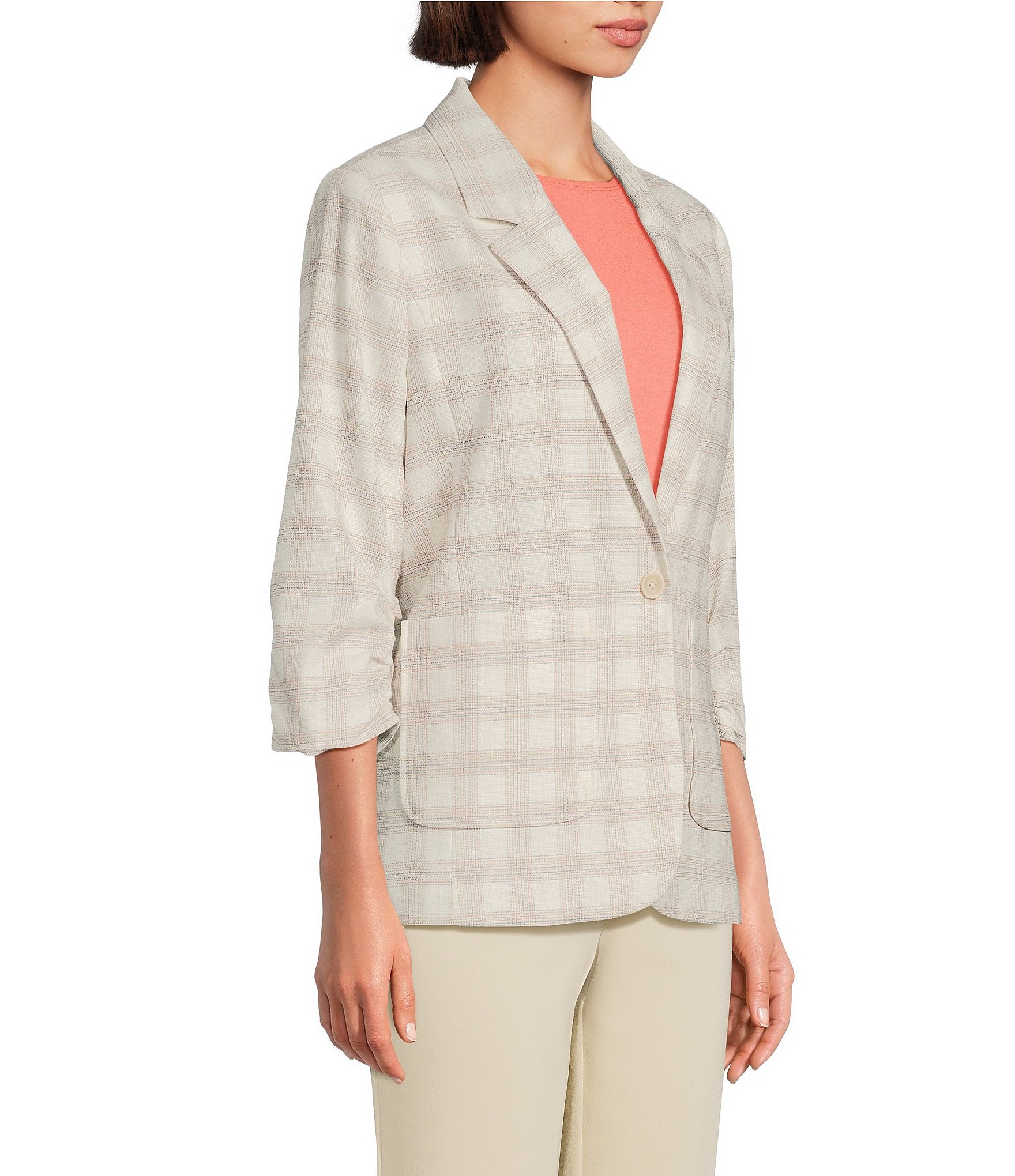 Investments Plaid 3/4 Ruched Sleeve Notch Lapel Lined Button Front Blazer