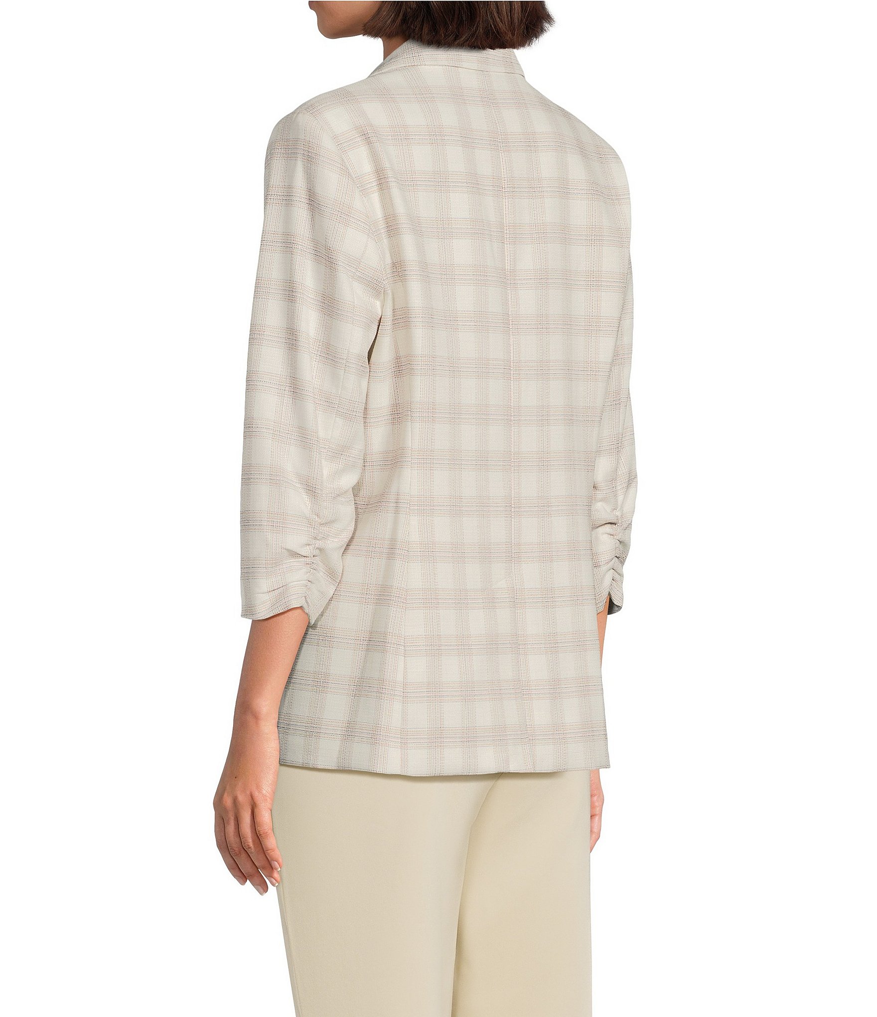 Investments Plaid 3/4 Ruched Sleeve Notch Lapel Lined Button Front Blazer