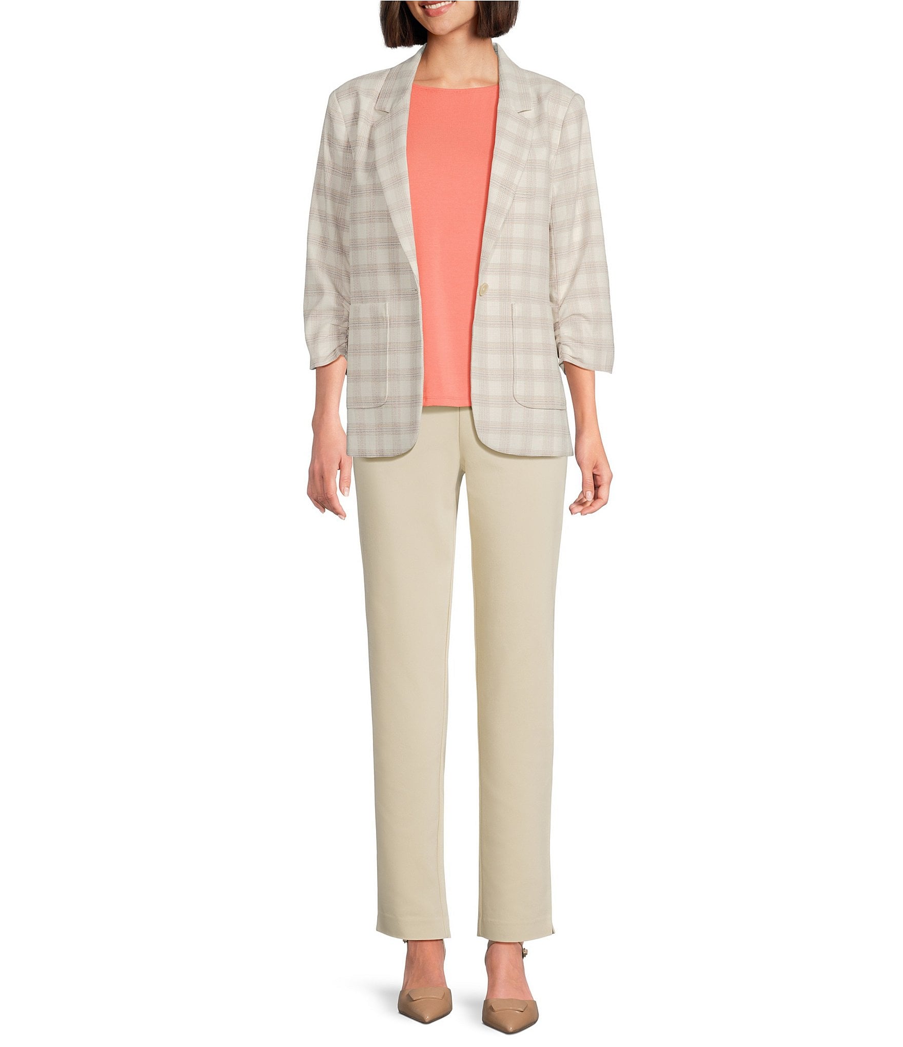 Investments Plaid 3/4 Ruched Sleeve Notch Lapel Lined Button Front Blazer