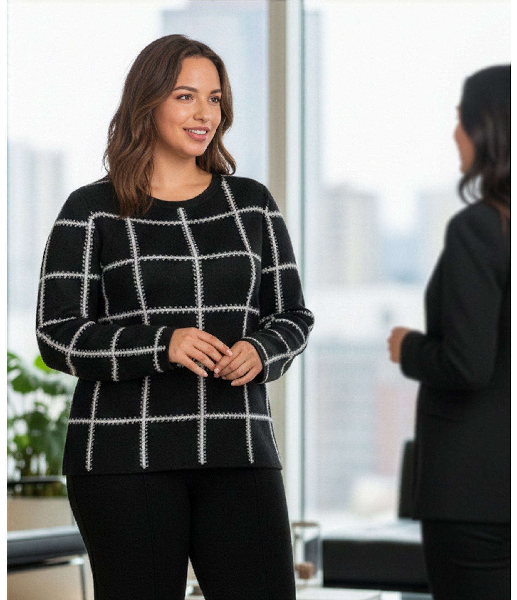 Investments Plus Black Checked Long Sleeve Crew Neck Pullover Top
