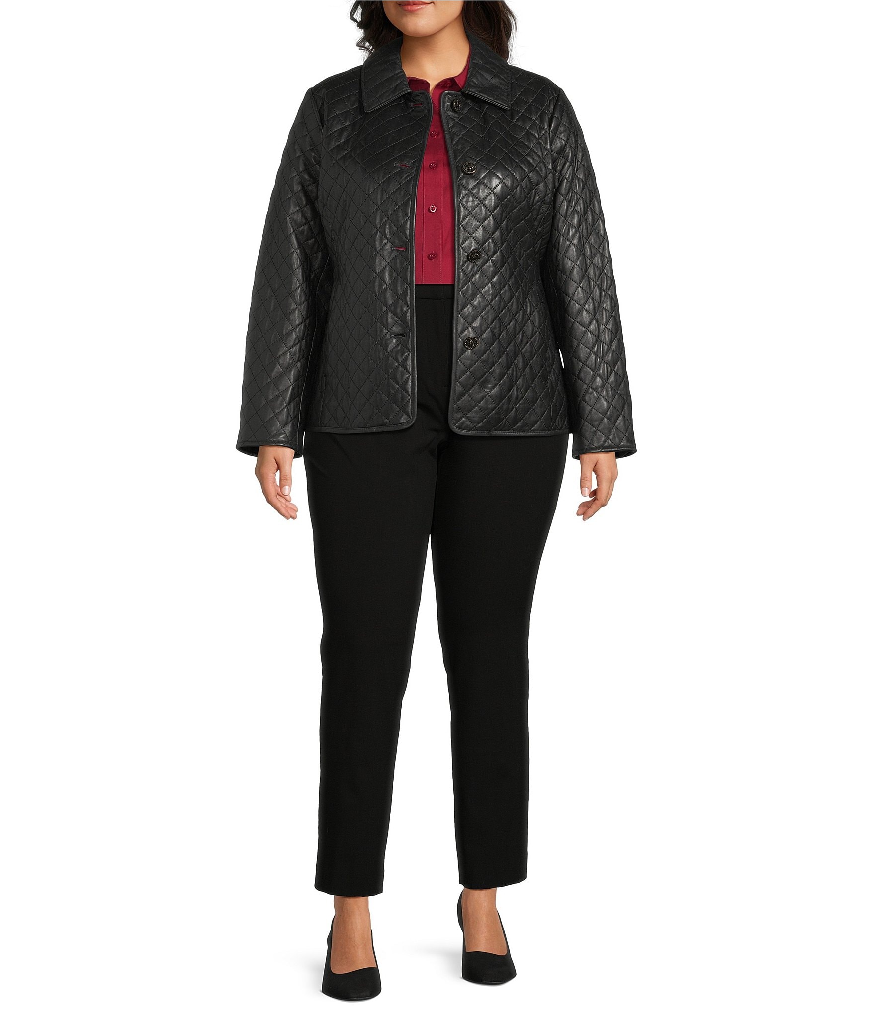 Investments Plus Rumba Red Woven Long Sleeve Point Collar Button Front Top