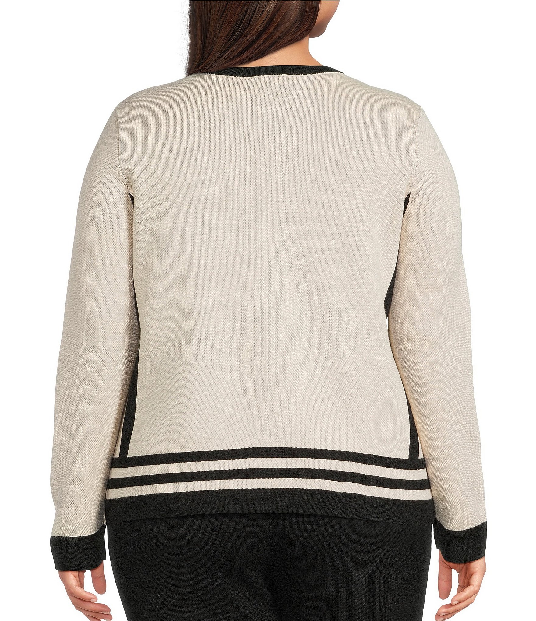 Investments Plus Size Border Stripe Long Sleeve Crew Neck Pullover Top