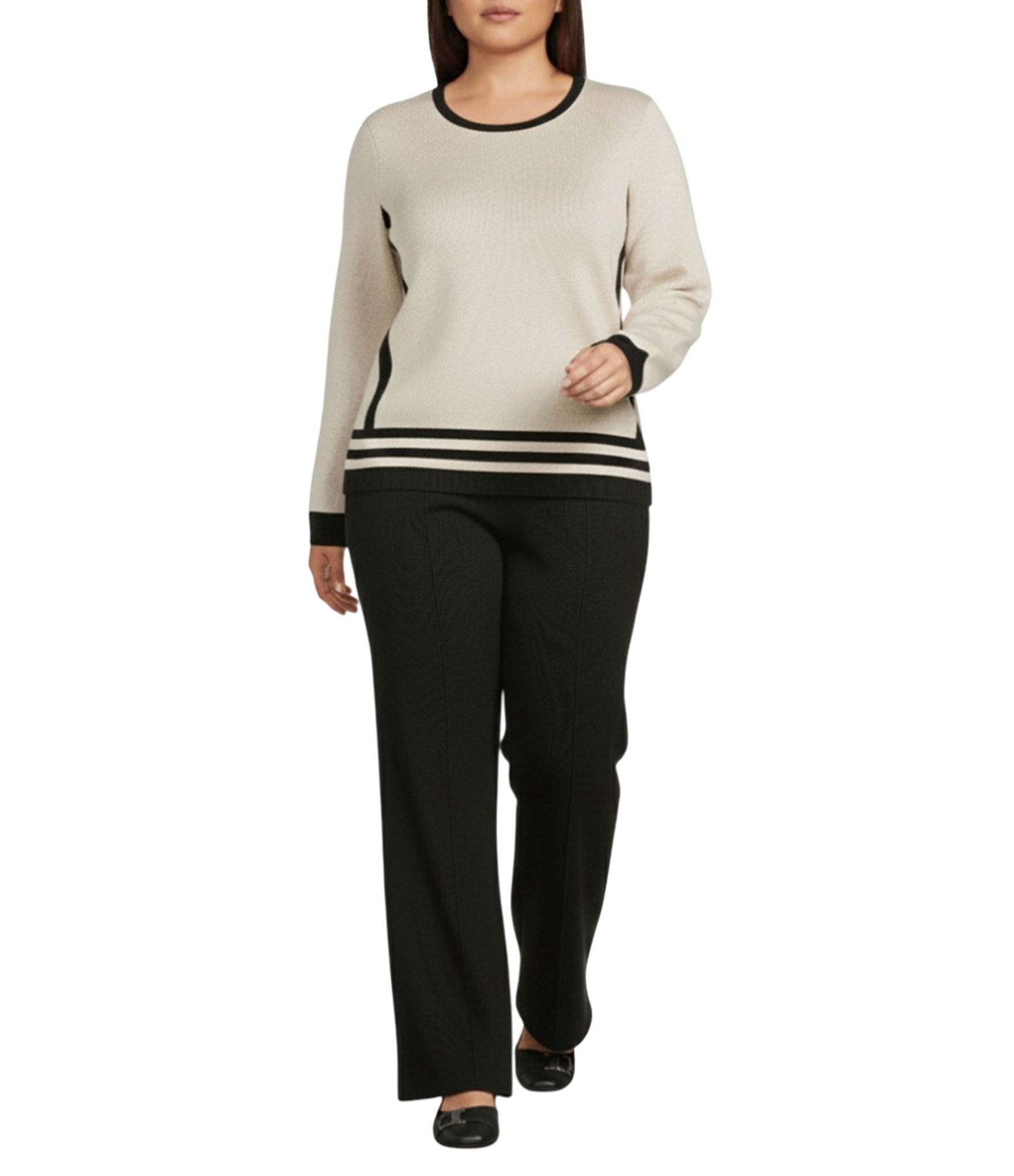 Investments Plus Size Border Stripe Long Sleeve Crew Neck Pullover Top