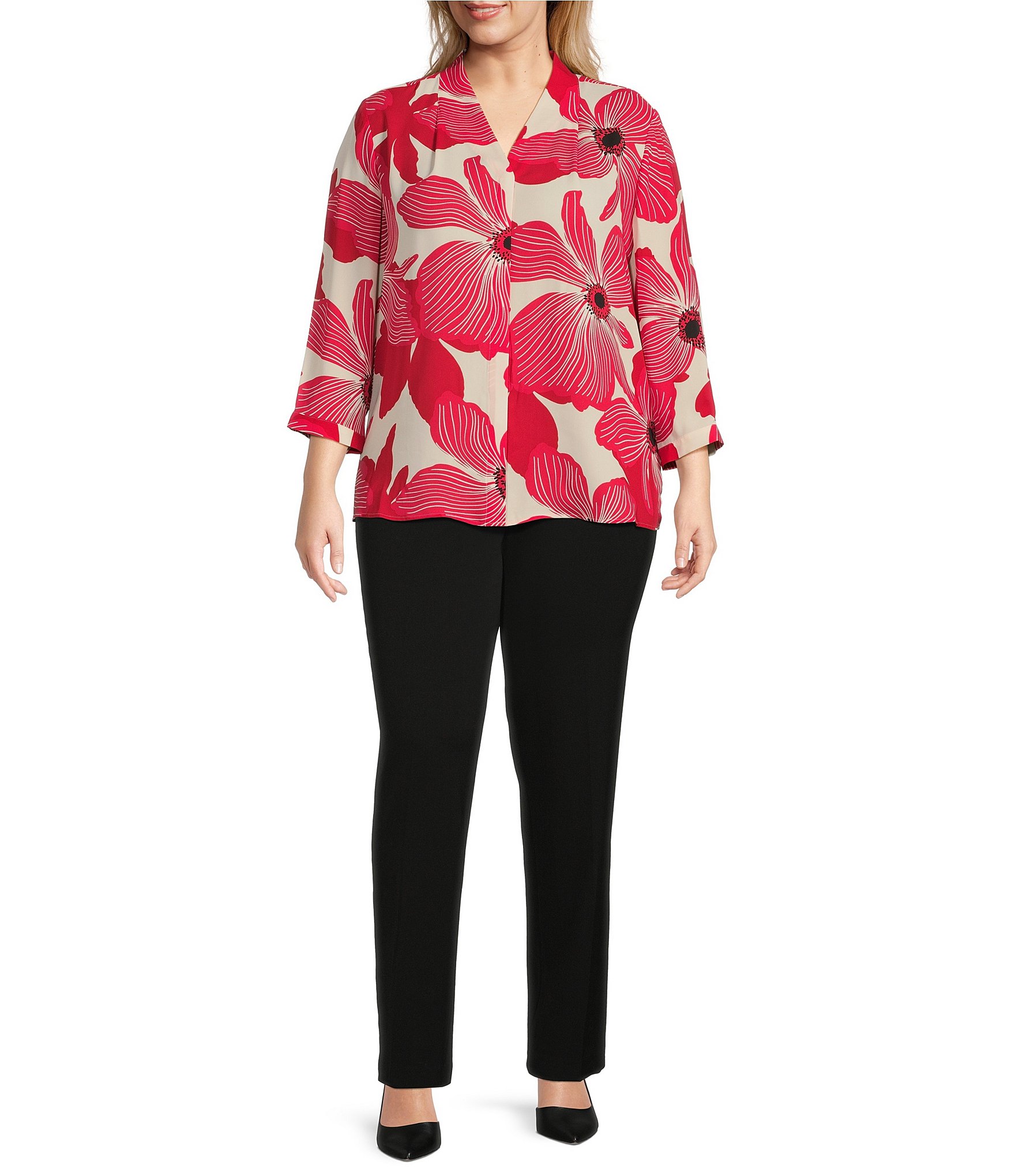 Investments Plus Size Caroline Signature Upbeat Poppy V-Neck 3/4 Sleeve Button Front Top