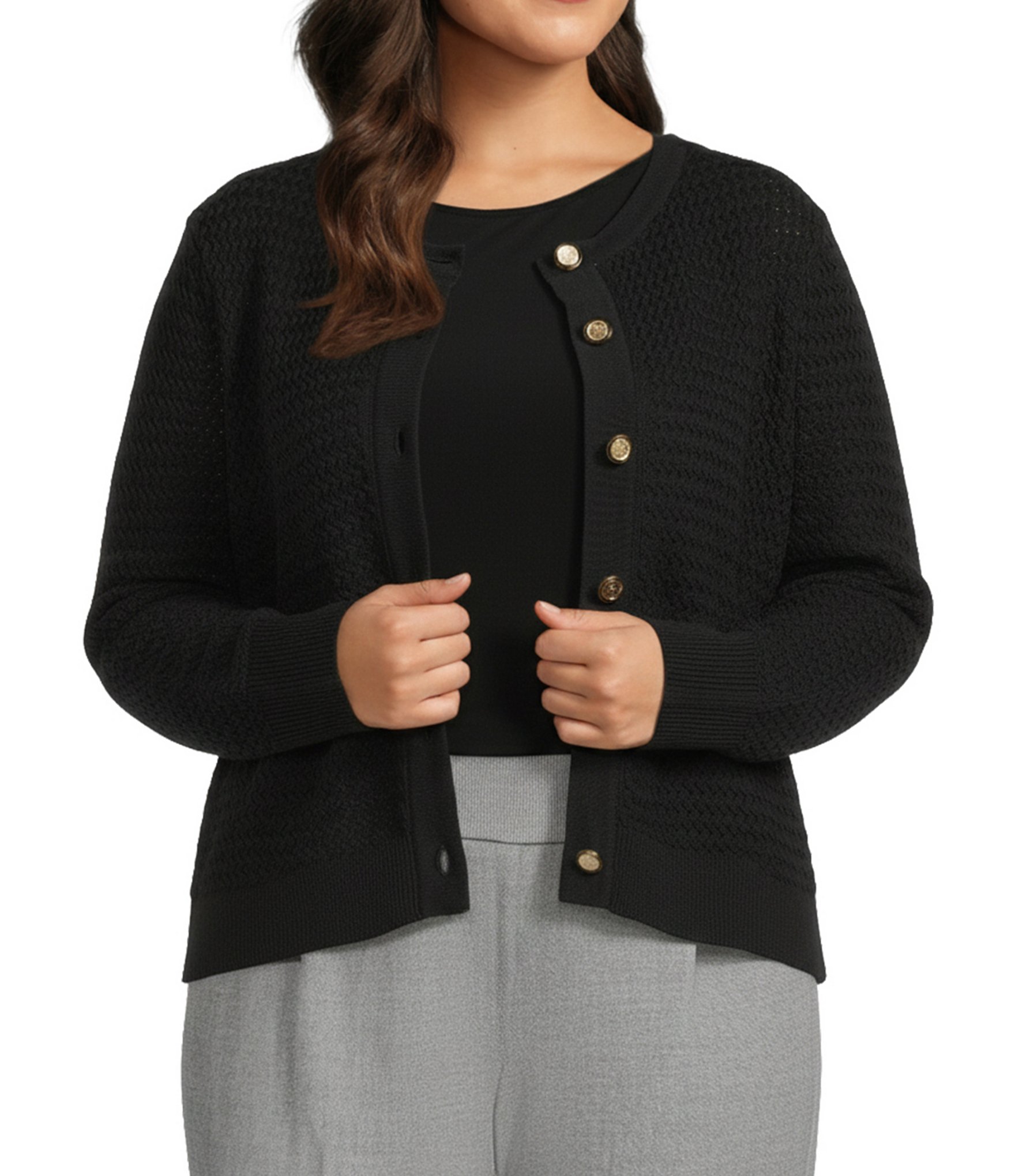 Investments Plus Size Charlotte Crew Neck Long Sleeve Button Front Cardigan