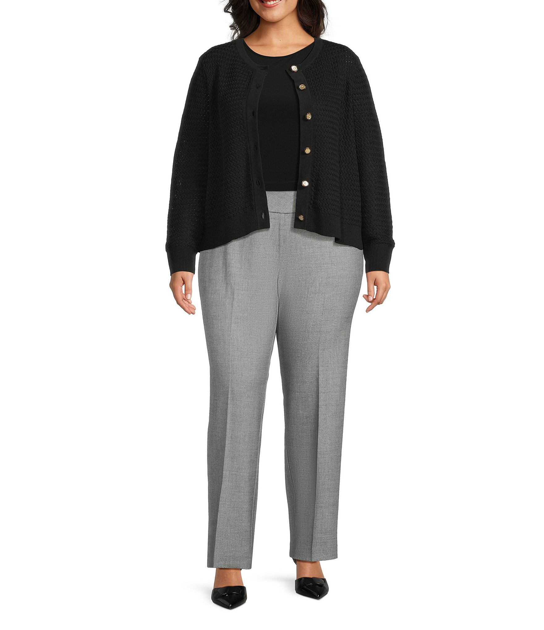Investments Plus Size Charlotte Crew Neck Long Sleeve Button Front Cardigan