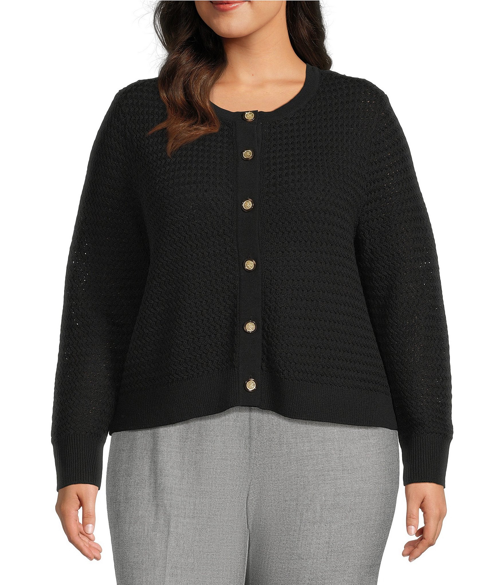 Investments Plus Size Charlotte Crew Neck Long Sleeve Button Front Cardigan