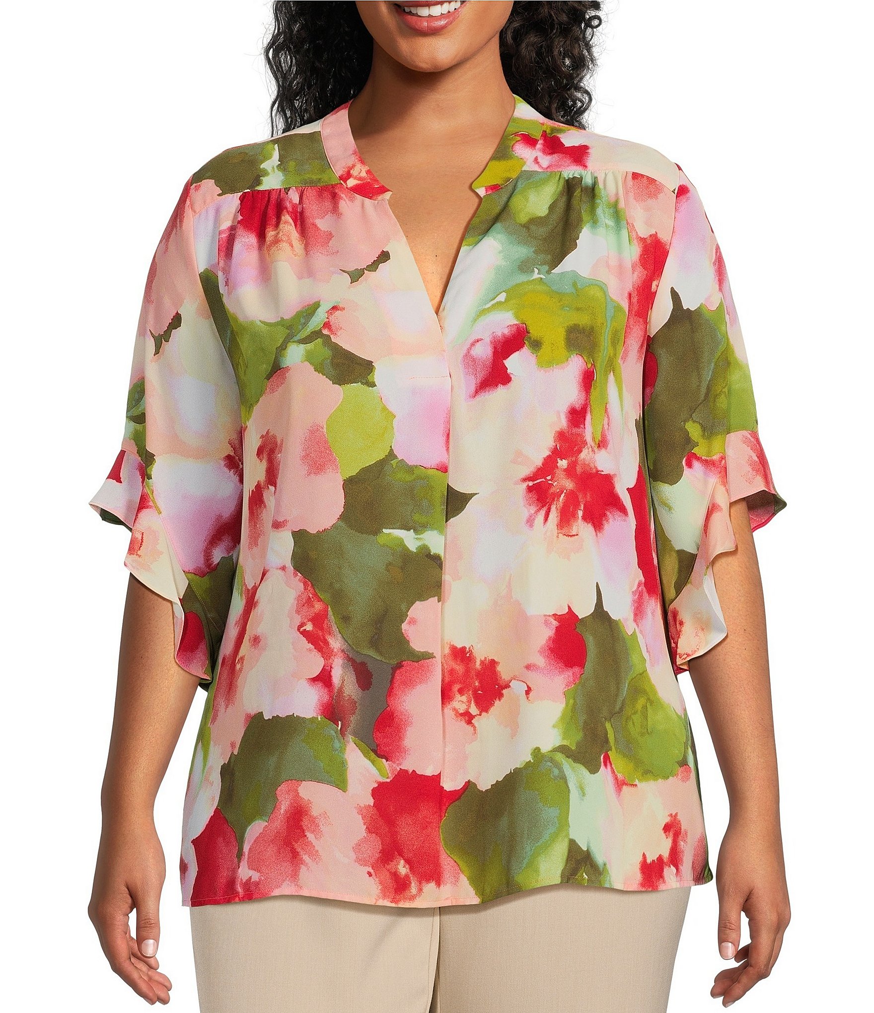 Investments Plus Size Laikyn Signature Floral Wash Print V Neck 3 4