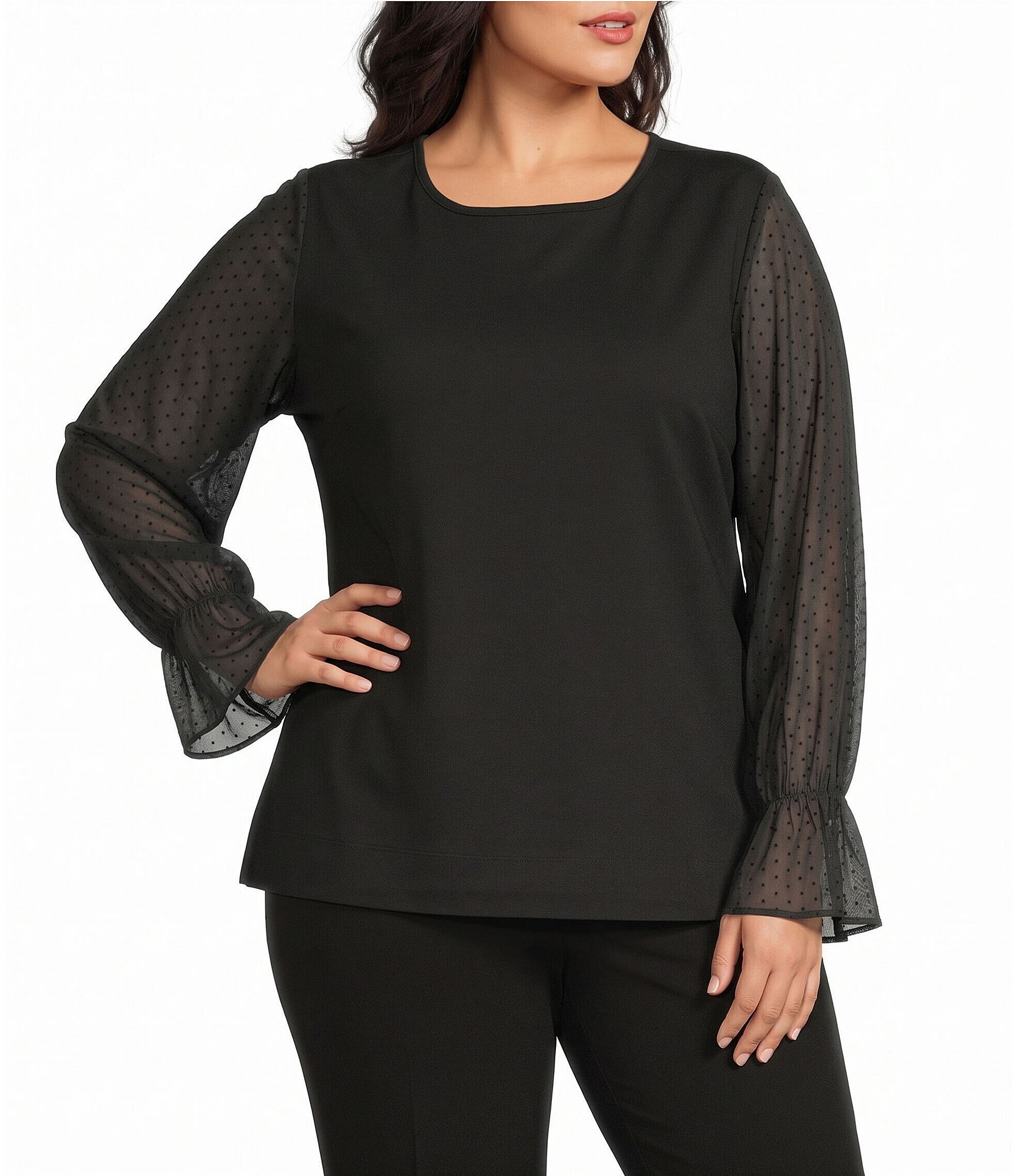 Investments Plus Size Long Mesh Dot Sleeve Crew Neck Ponte Top