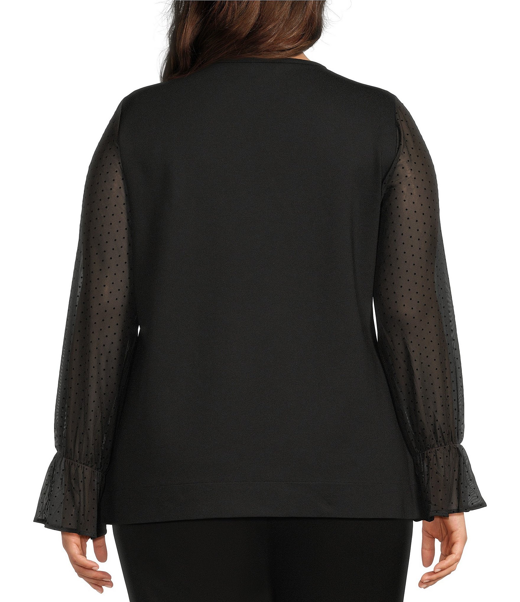 Investments Plus Size Long Mesh Dot Sleeve Crew Neck Ponte Top