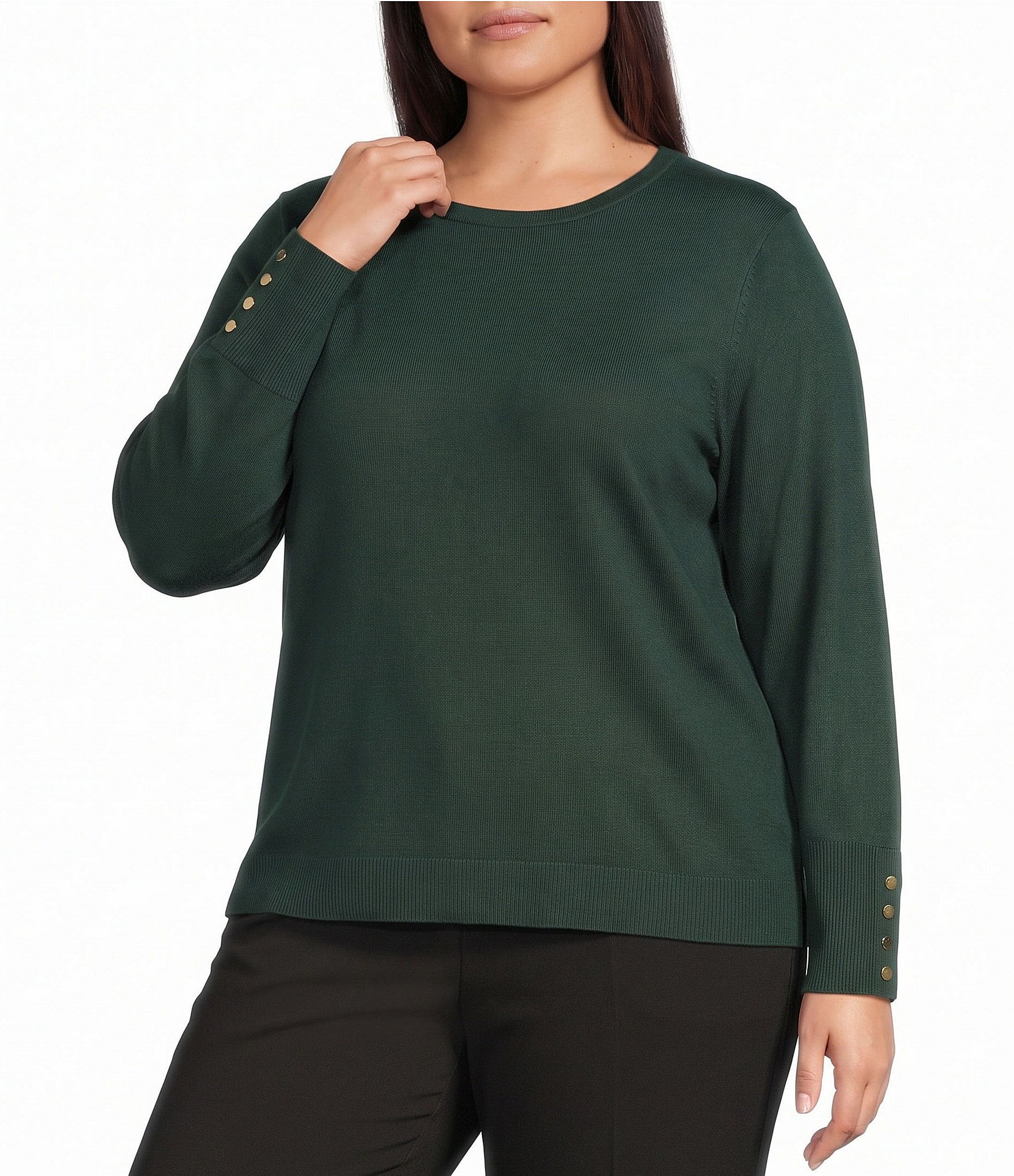 Investments Plus Size Long Sleeve Button Cuff Crew Neck Sweater