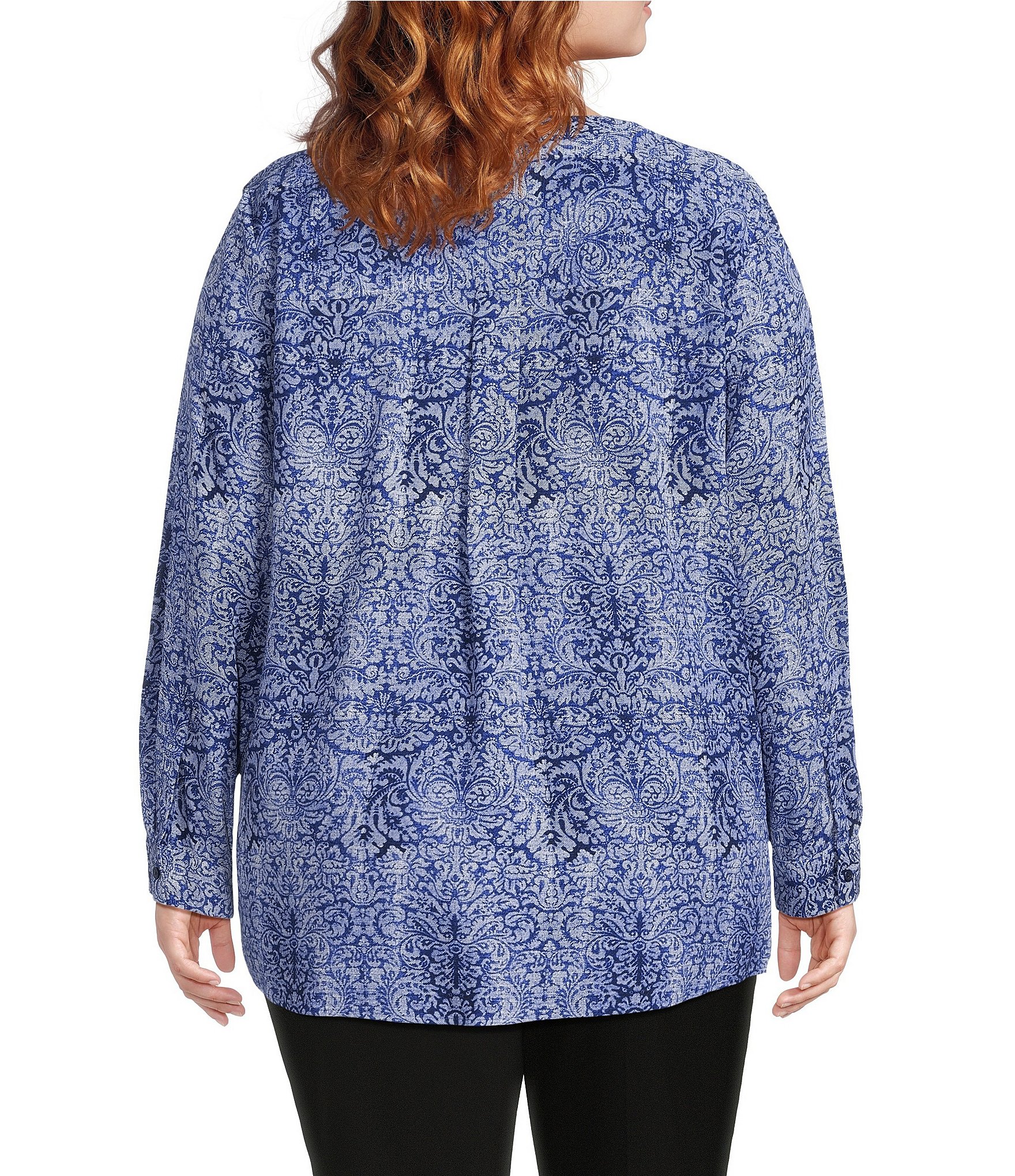 Investments Plus Size Nora Mazarine Scroll Long Sleeve Y-Neck Drapey Twill Blouse