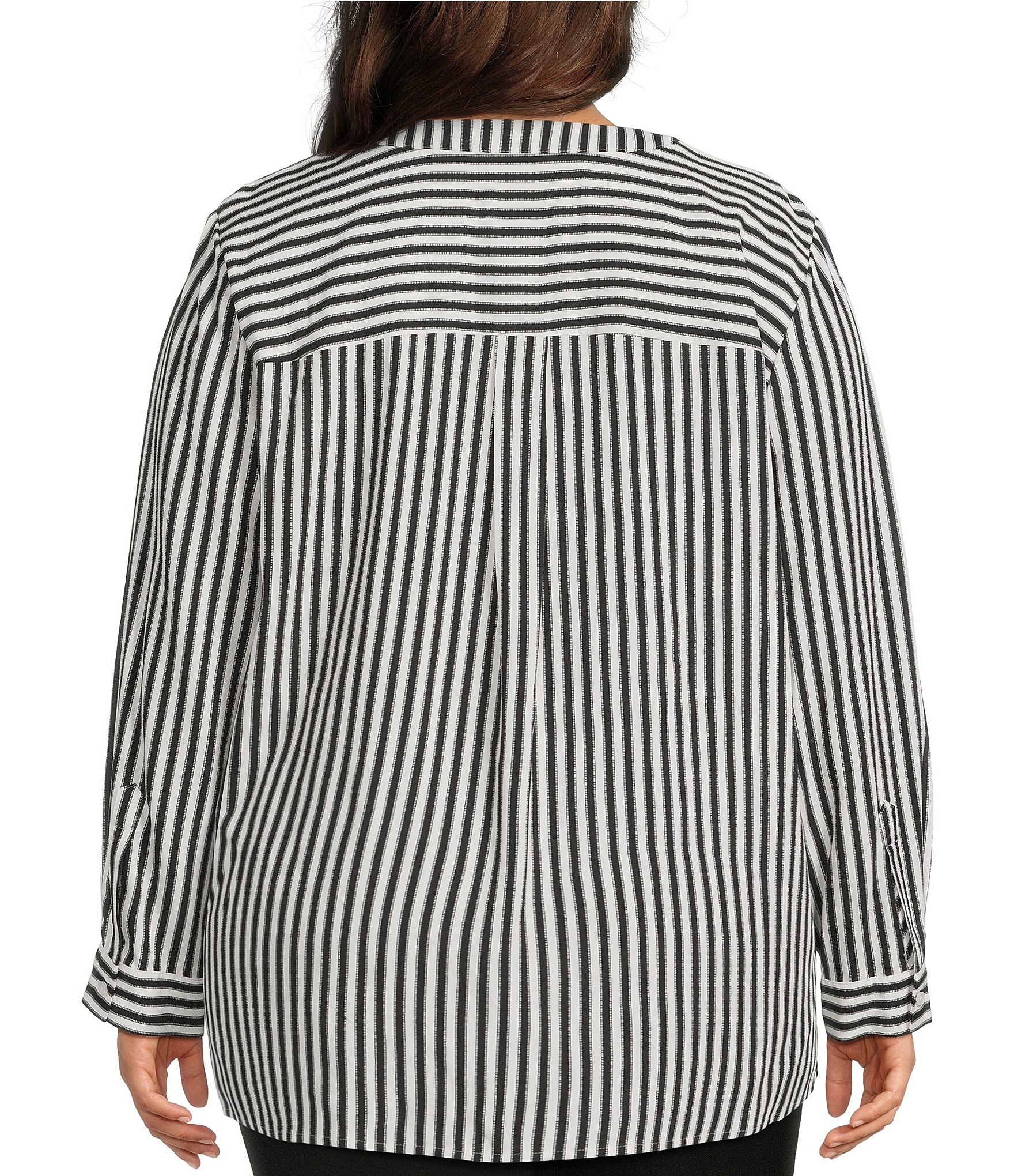 Investments Plus Size Nora Stripe Long Sleeve Y-Neck Drapey Twill Blouse